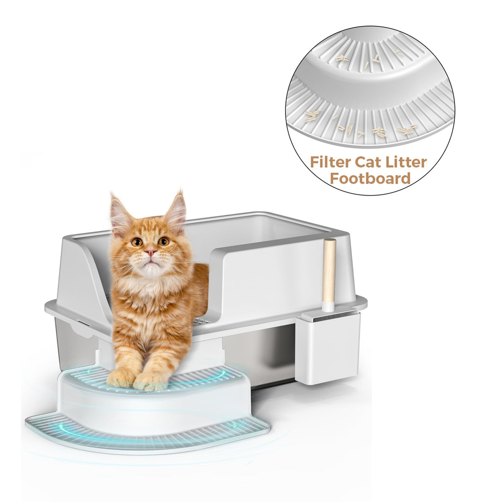 30L Semi Enclosed Cat Litter Box With Footboard And Scoop Stainless Steel Litter Box Plastic Walkway