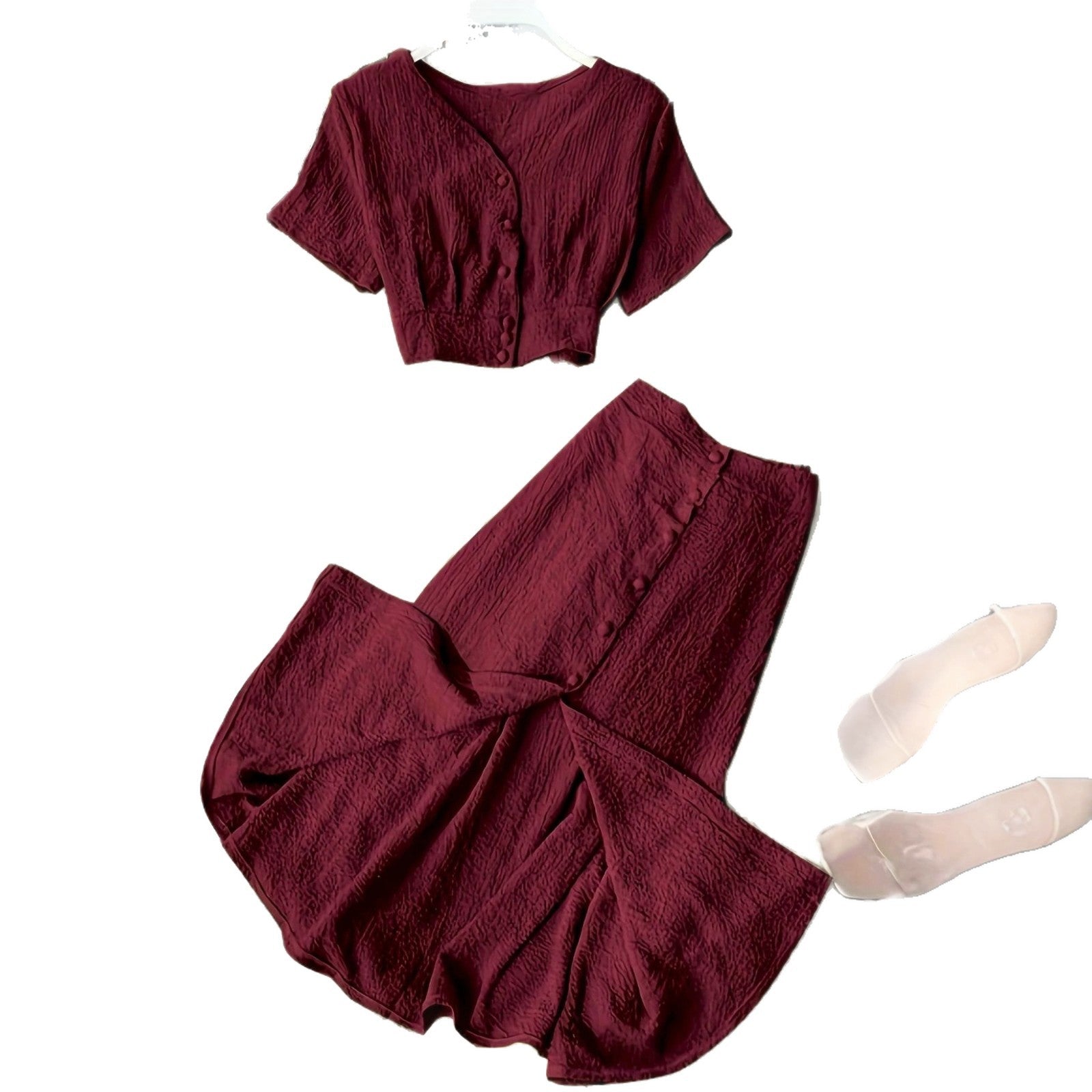 V-neck Single-breasted Short-sleeve Top And High-waisted Wide-leg Pants With Side Slits