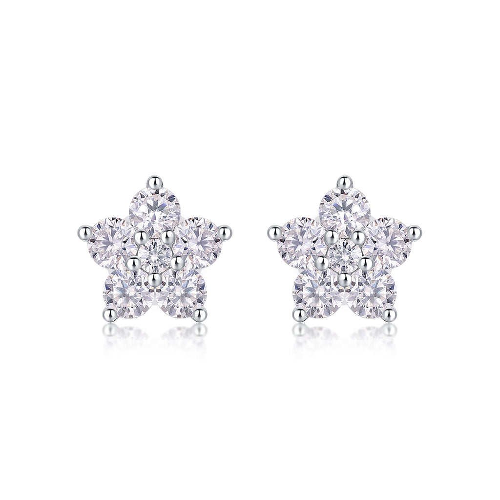 S925 Sterling Silver Flower Stud Earrings, D-VVS1 Moissanite Cluster, 1.4g Lightweight With Silicone Backs, Gift Box