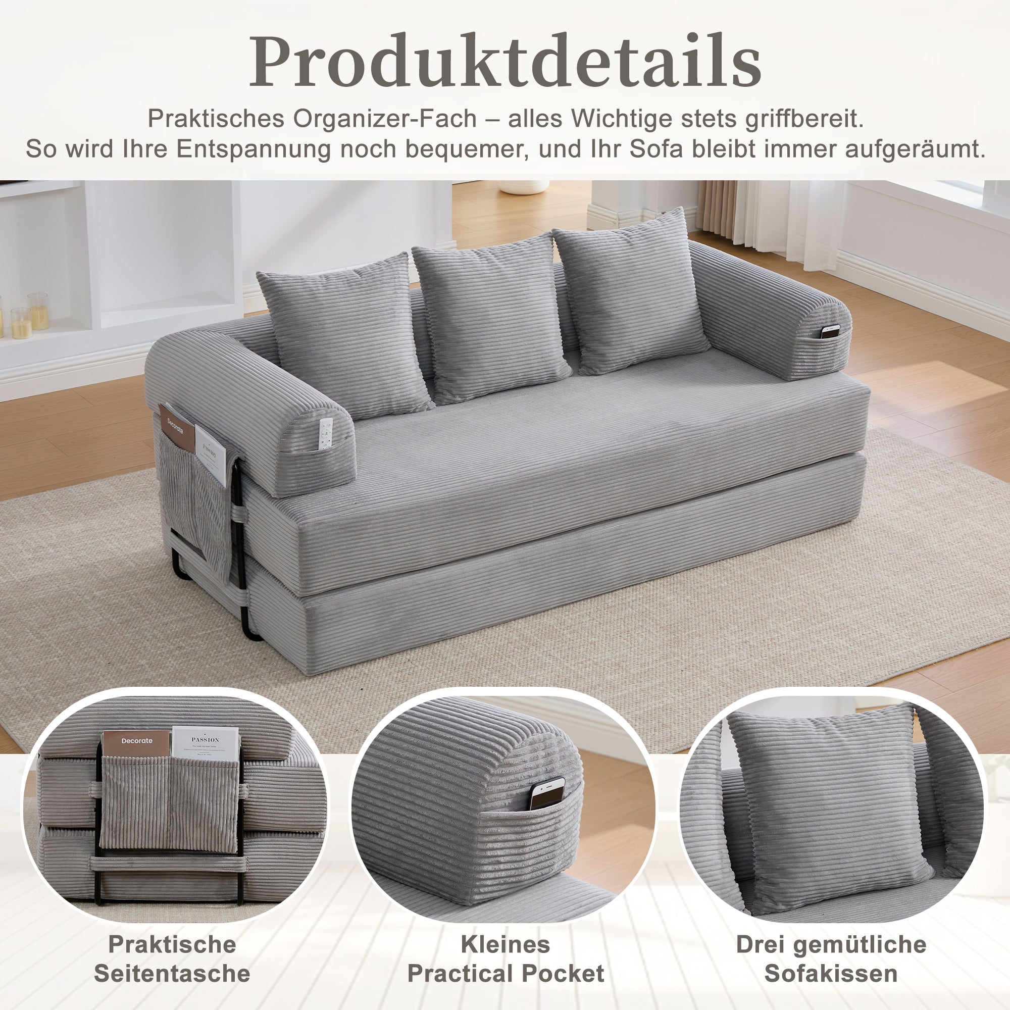 Folding Compression Sofa With Robust Metal Frame, Side Pockets Plus 3 Pillows. Individual Lounge Landscapes Freely Configurable. Modern Metal Fabric Combi - Ideal For Living Room. Light Grey