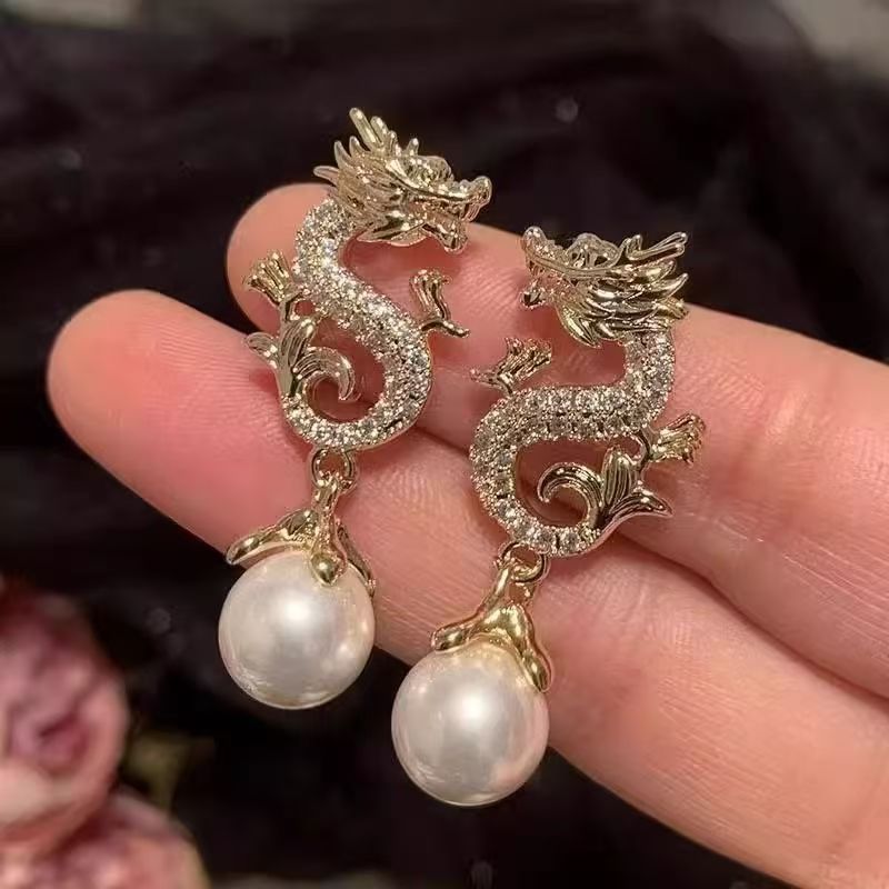 Women's Red Bead Pendant Dangle Earrings, Festive New Year Ear Jewelry, Niche Designer High-End Temperament Stud Earrings