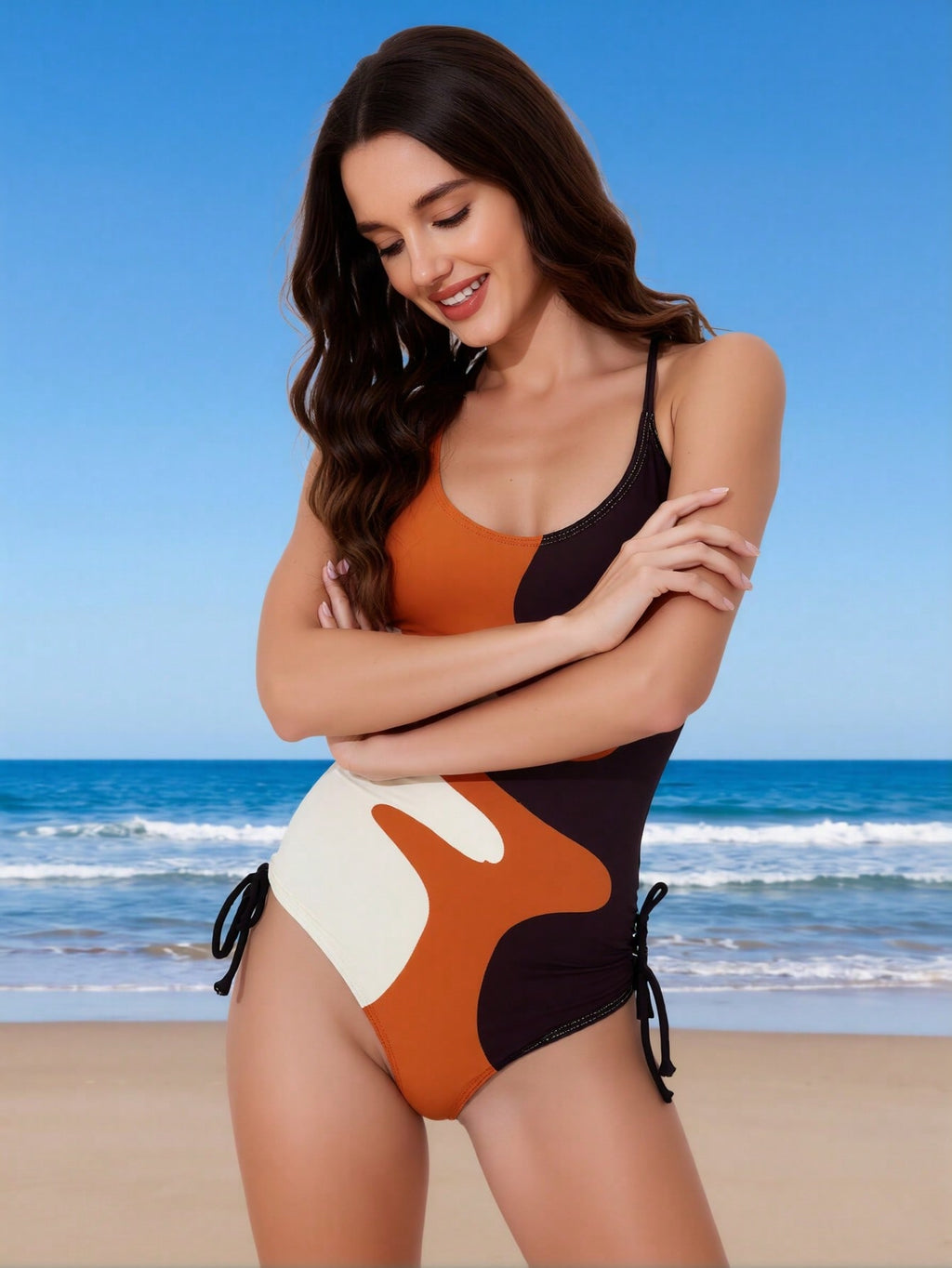 2026 New Women's One-Piece Swimsuit: Earth Tone Abstract Color Block With Halter Neck And Side Ties
