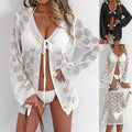 Women Hollow Woven Long Sleeve Tie Front Cardigan, European American Sun Protection Bikini Cover Up, Casual Beach Outerwear