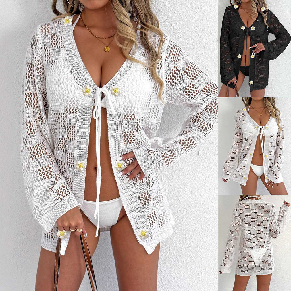 Women Hollow Woven Long Sleeve Tie Front Cardigan, European American Sun Protection Bikini Cover Up, Casual Beach Outerwear