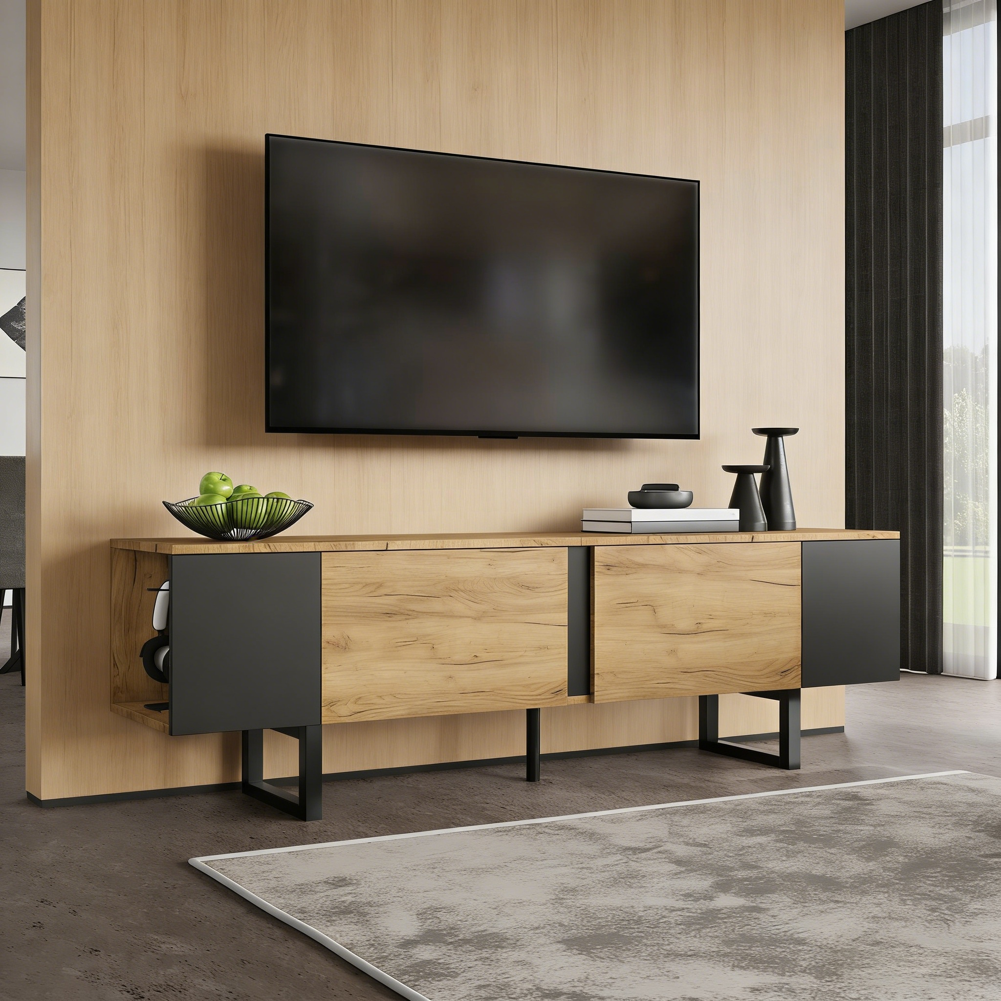 180x40x55cm TV Cabinet, Lowboard TV Board, TV Console With 2 Cabinets And Open Storage Areas On Both Sides, TV Stand, TV Stand, Living Room Cabinet, Suitable For TVs Up To 75 Inches