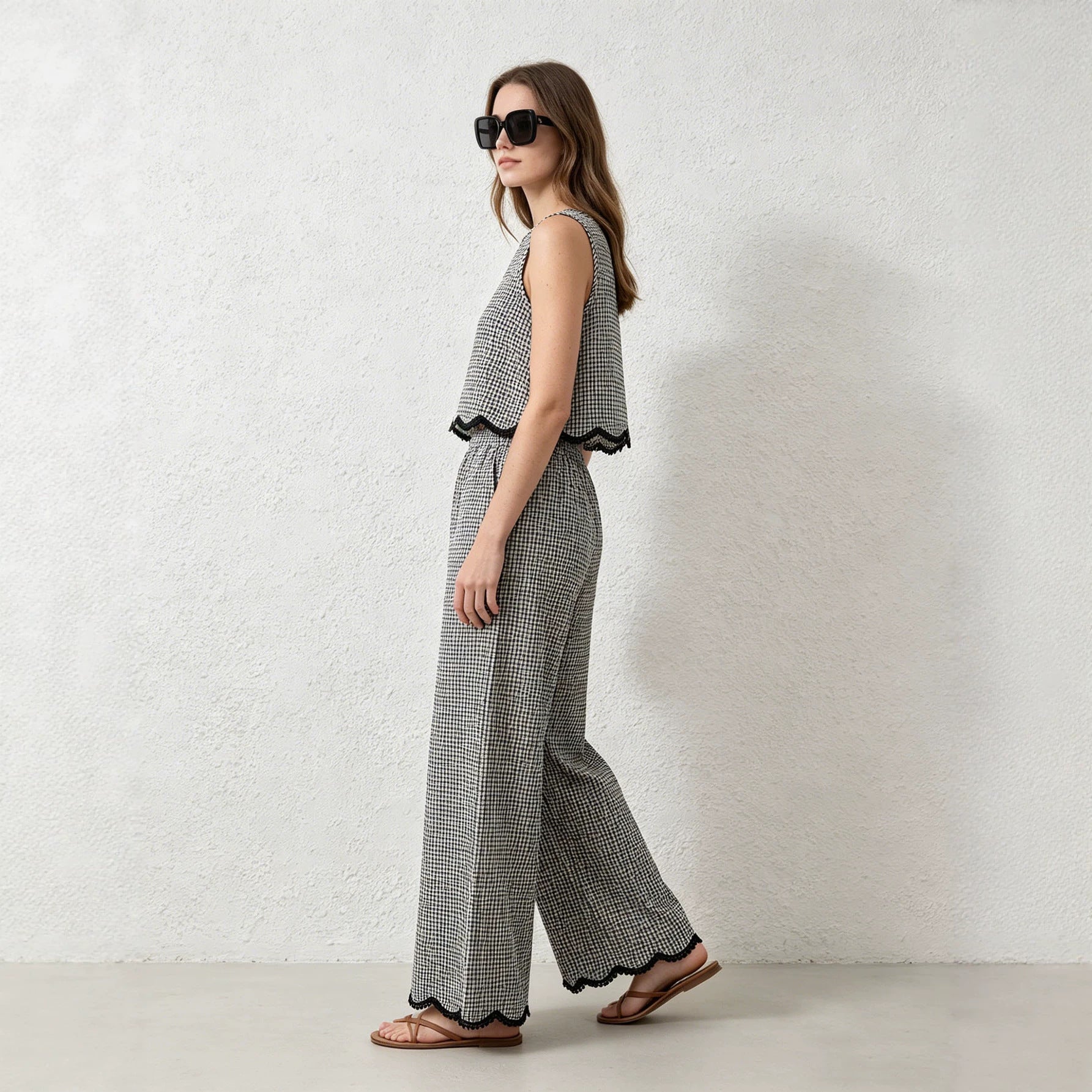 Womens Casual Loose-fit Sleeveless Wide-leg Pants Two-piece Set