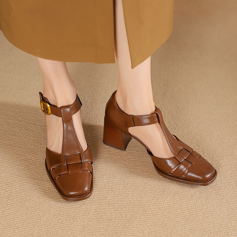 Chunky-heeled High Heel Genuine LeatherSquare-toe Womens Shoes French Vintage Style
