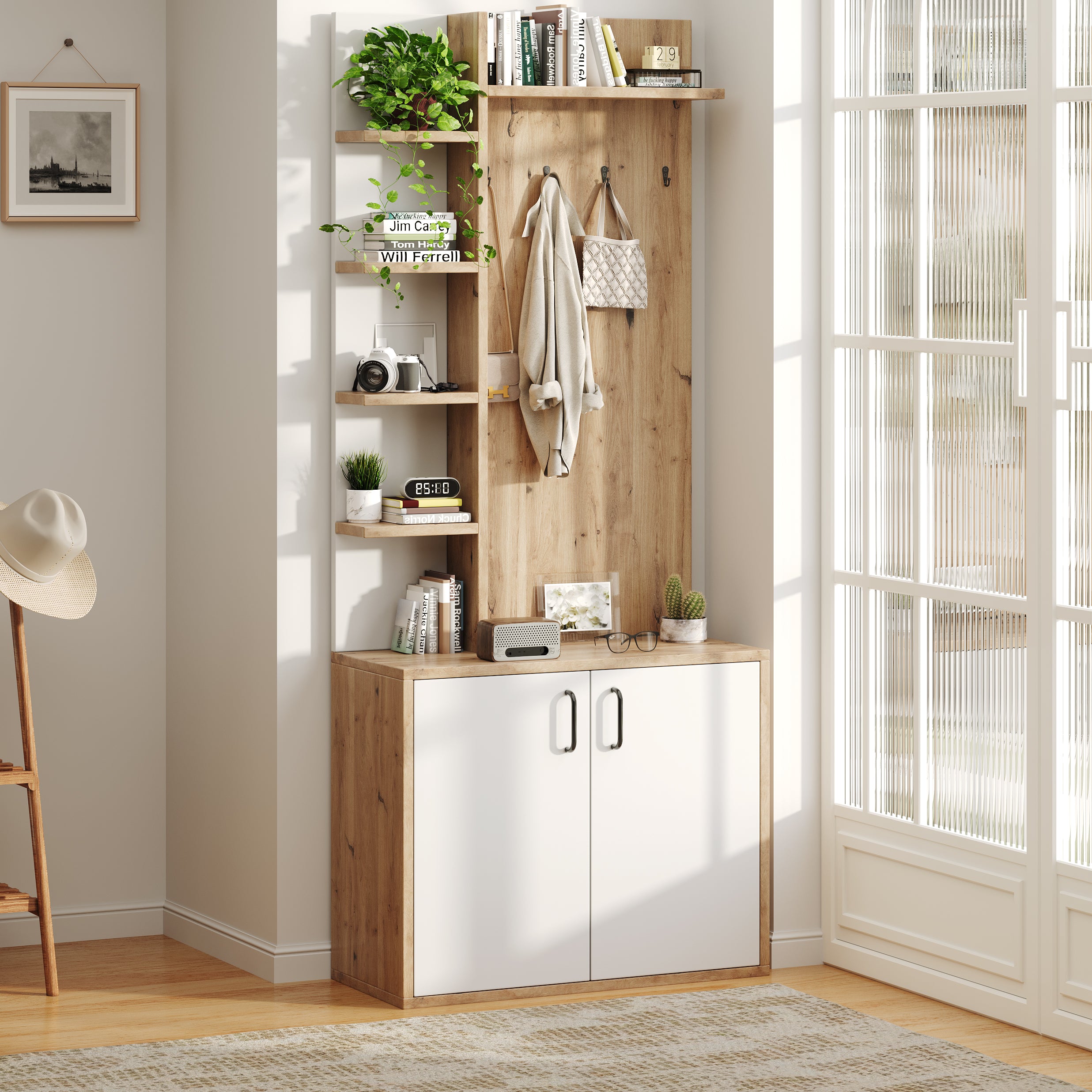 75x33x180cm Coat Rack With Coat Rack, Shoe Storage, Hallway Equipment With Coat Hooks, Hallway Cabinet With 5-layer Storage Space Divider And Storage Cabinets, Original Wood Color  White