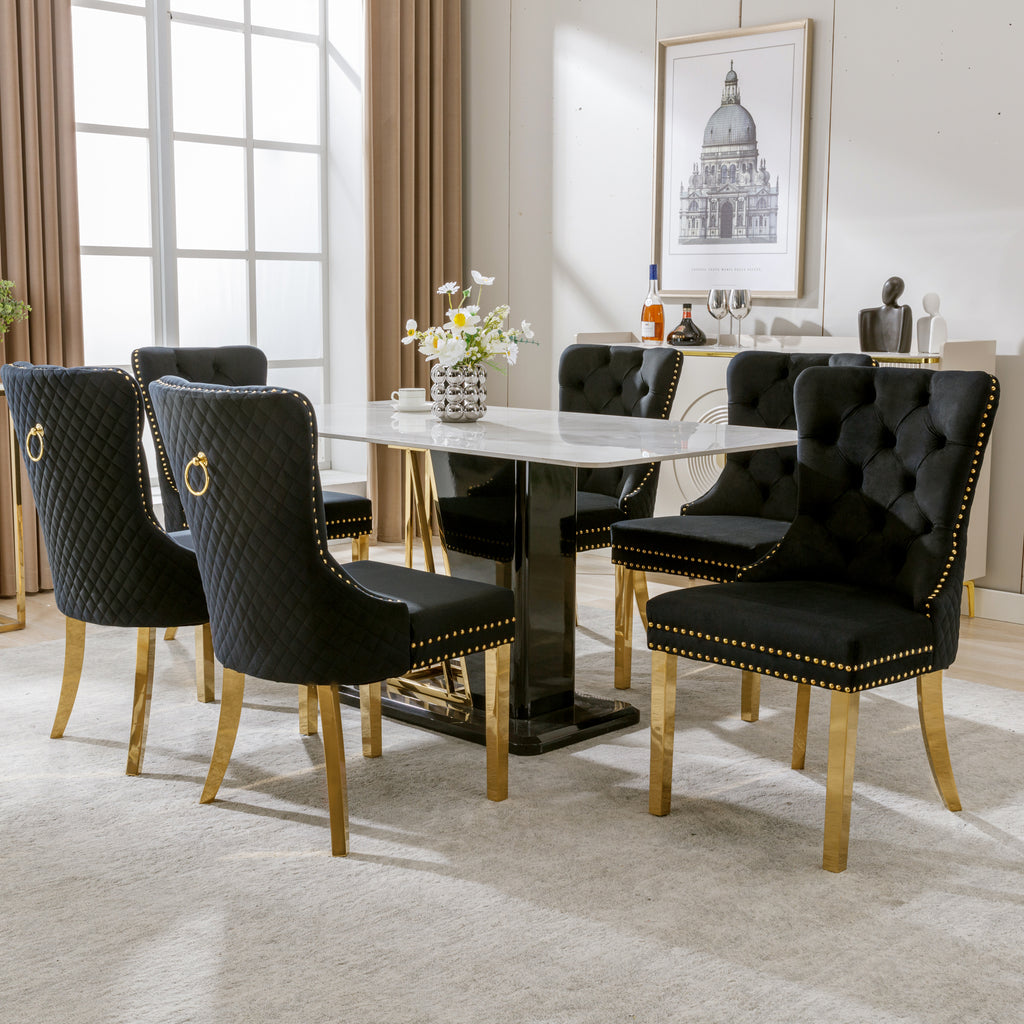 Dining Room Chair Kitchen Chair Living Room Chair With Unique Round Tensile Rings On The Back, 6 Sts, Upholstered Chair With Nail Head Occupation,Supporting Legs In Gold Plated Stainless Steel, Velvet