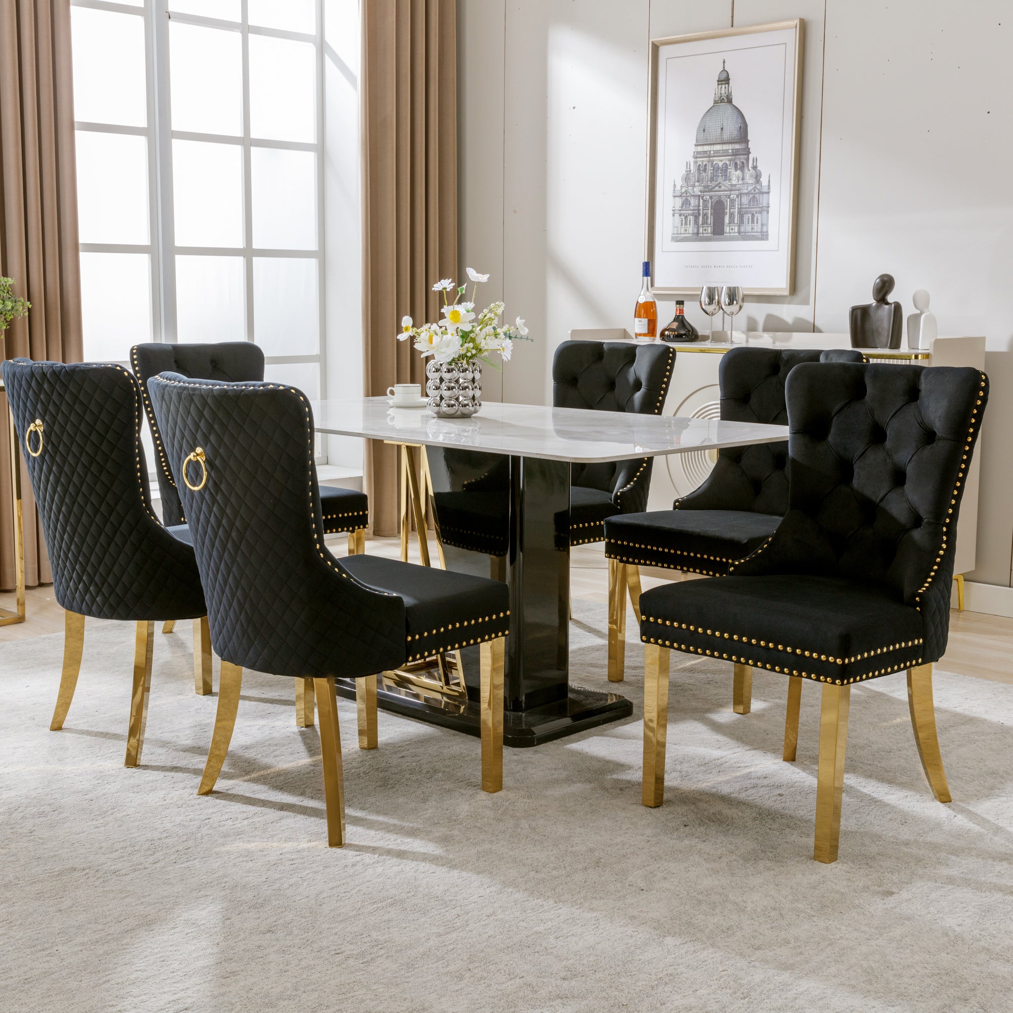Dining Room Chair Kitchen Chair Living Room Chair With Unique Round Tensile Rings On The Back, 6 Sts, Upholstered Chair With Nail Head Occupation,Supporting Legs In Gold Plated Stainless Steel, Velvet