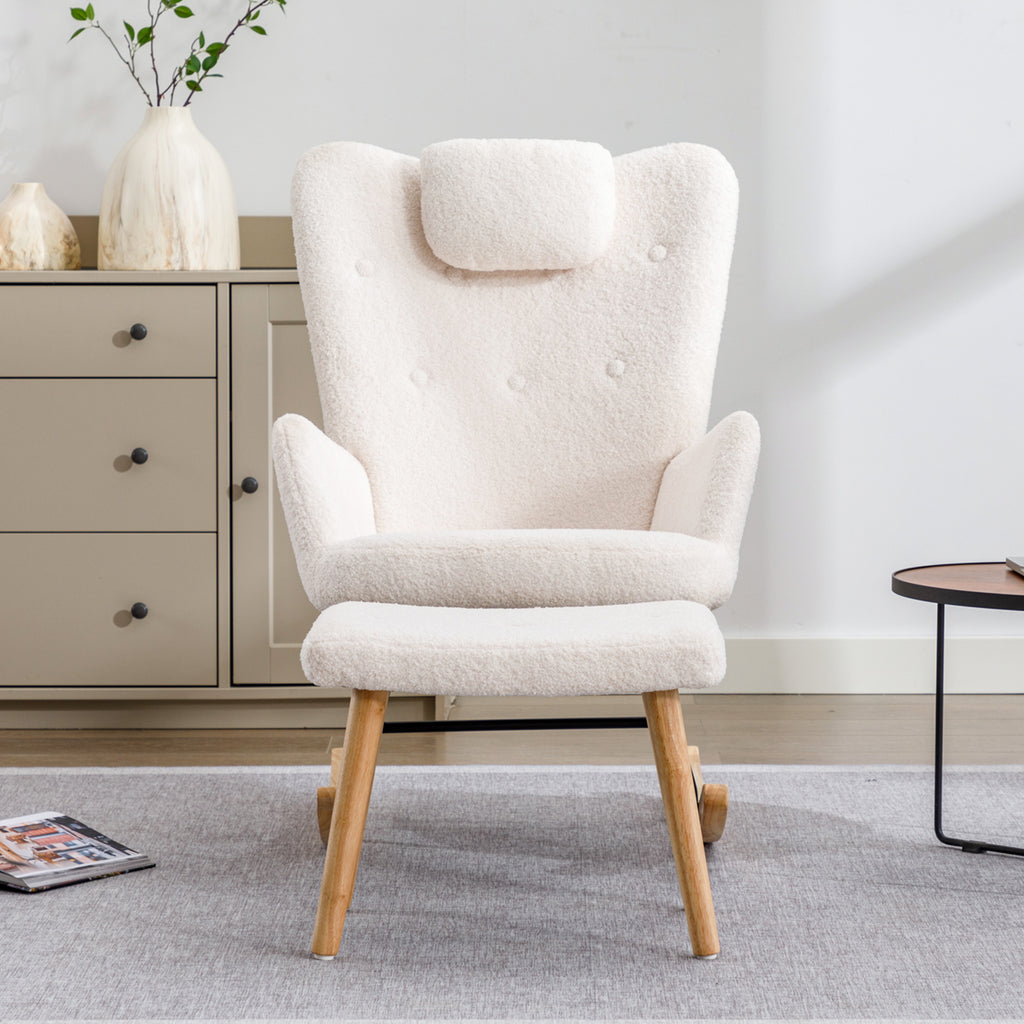 Comfortable White Rocking Chair, Soft Teddy Plush Rocking Chair With Neck Cushion And Footrest - Load Capacity Up To 100 Kg