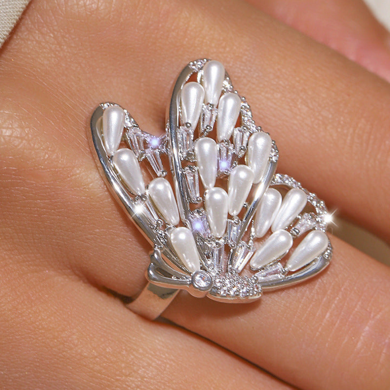 Zircon Pearl Butterfly Closed End Ring For Women