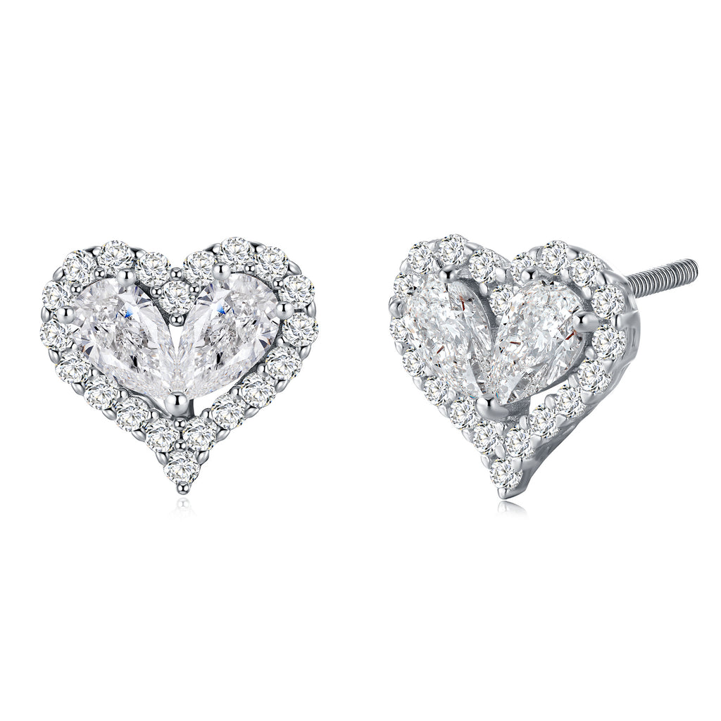 S925 Sterling Silver Heart Moissanite Stud Earrings, 3x5mm D-VVS1 Two-Stone Halo, Platinum Plated 1.9g Romantic Jewelry Gift Box