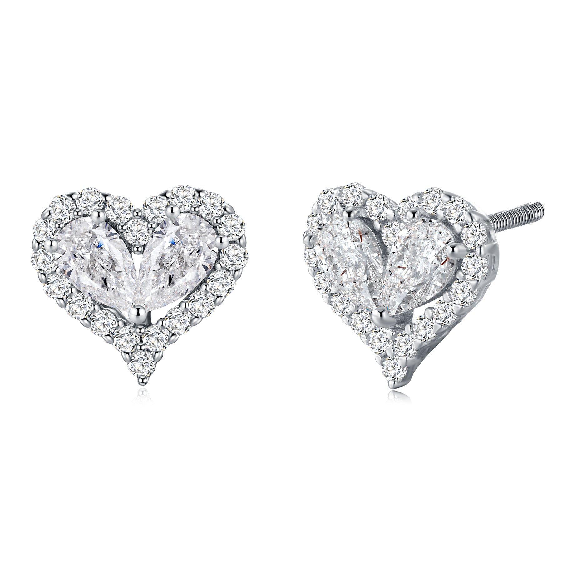 S925 Sterling Silver Heart Moissanite Stud Earrings, 3x5mm D-VVS1 Two-Stone Halo, Platinum Plated 1.9g Romantic Jewelry Gift Box