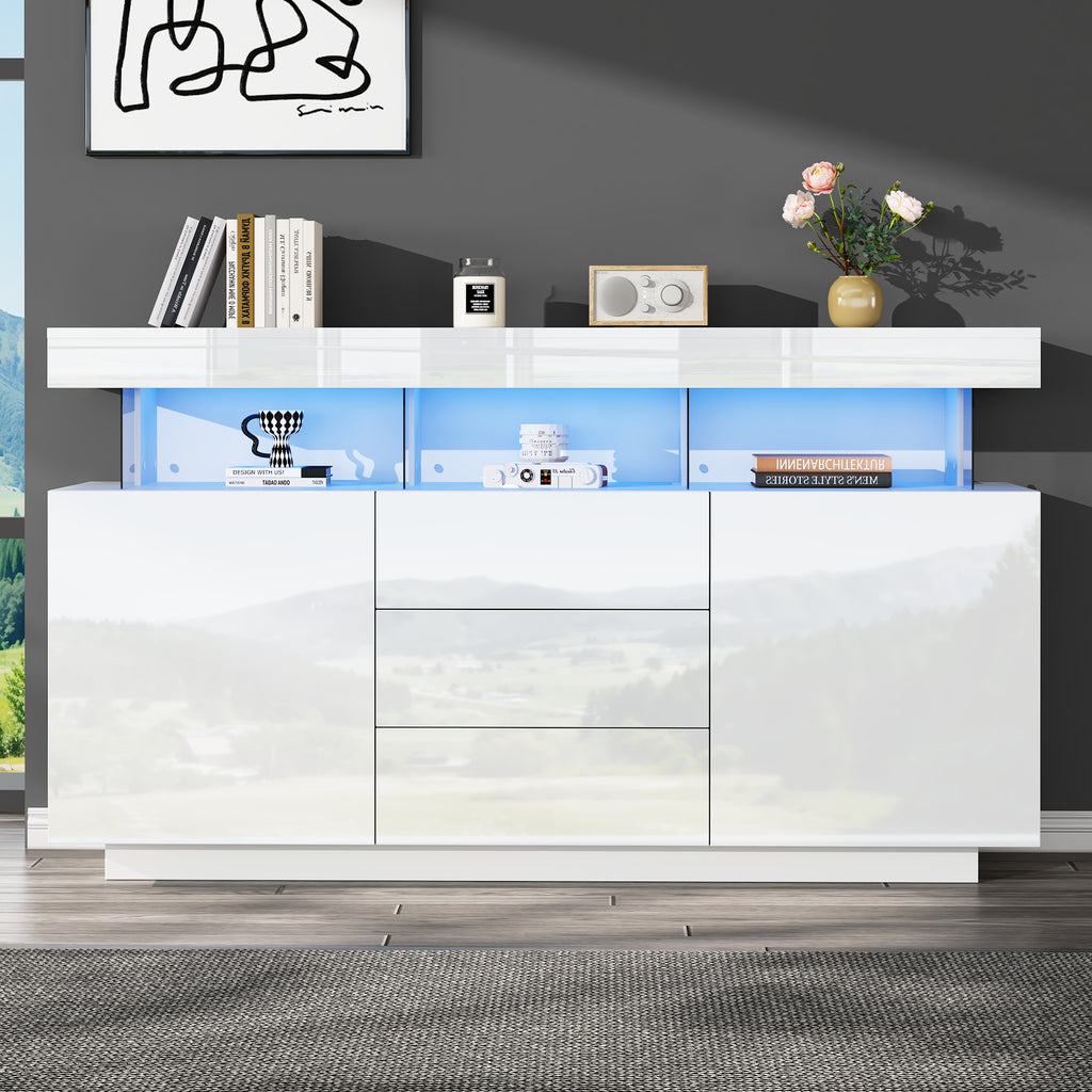 140 X 35 X 80 Cm Modern Sideboard, High-gloss Sideboard, Coffee Bar, Acrylic Sideboard With 16-color LED Light Strip, Suitable For Dining Room, Kitchen, Hallway White