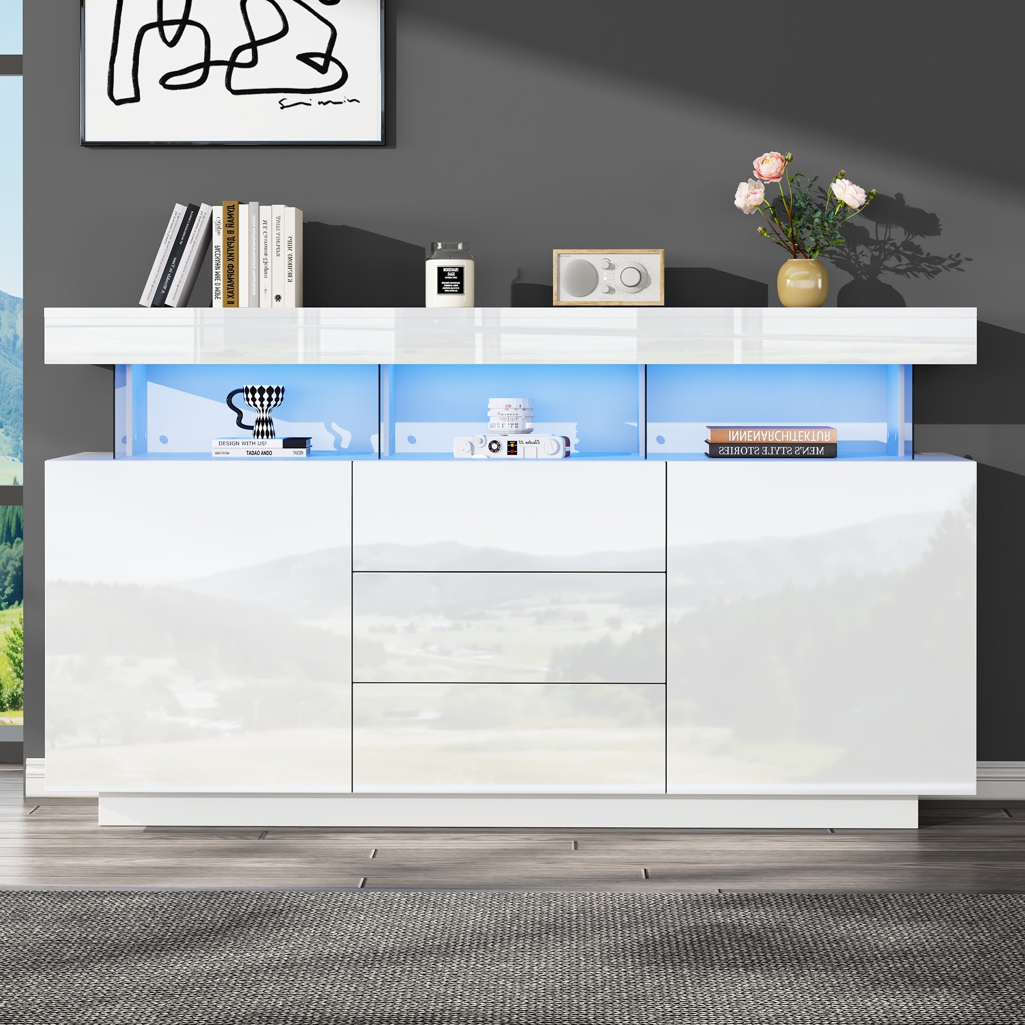 140 X 35 X 80 Cm Modern Sideboard, High-gloss Sideboard, Coffee Bar, Acrylic Sideboard With 16-color LED Light Strip, Suitable For Dining Room, Kitchen, Hallway White