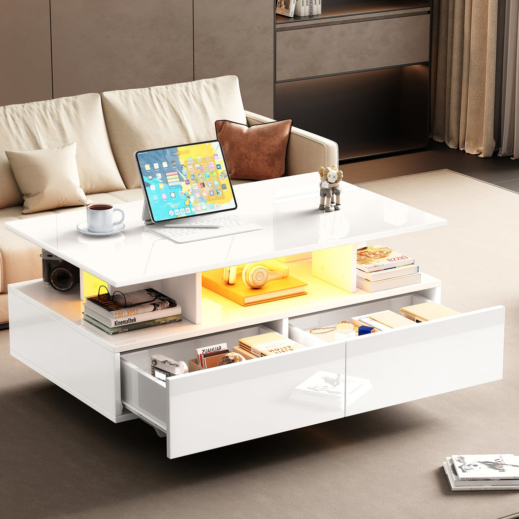 Modern High-gloss Coffee Table With LED Lighting And 2 Drawers  Stylish 90x55x41 Cm Side Table With Storage Space, Load Capacity Up To 30 Kg
