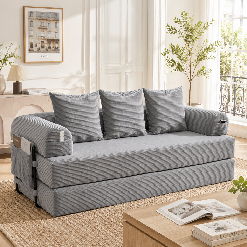 Folding Compression Sofa With Robust Metal Frame, Side Pockets Plus 3 Pillows. Individual Lounge Landscapes Freely Configurable. Modern Metal Fabric Combi - Ideal For Living Room. Light Grey