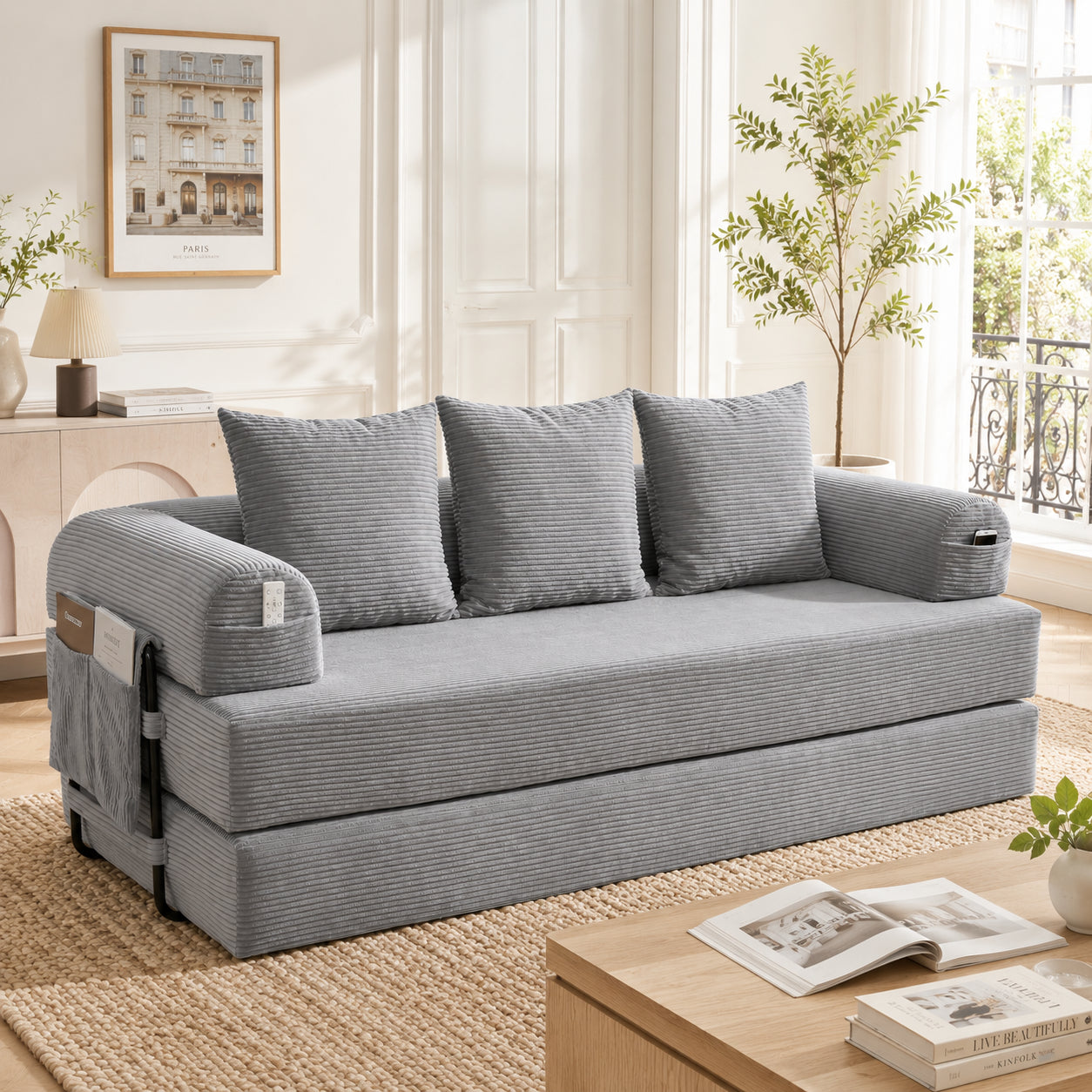 Folding Compression Sofa With Robust Metal Frame, Side Pockets Plus 3 Pillows. Individual Lounge Landscapes Freely Configurable. Modern Metal Fabric Combi - Ideal For Living Room. Light Grey