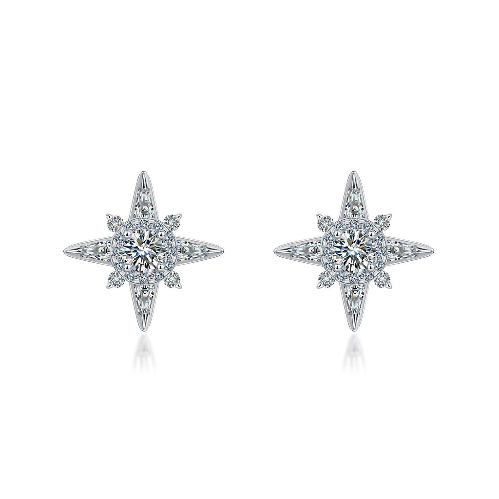 S925 Sterling Silver Star Stud Earrings, D-VVS1 Moissanite 4-Point Star Design, Platinum Plated 2.3g Elegant Jewelry Gift Box