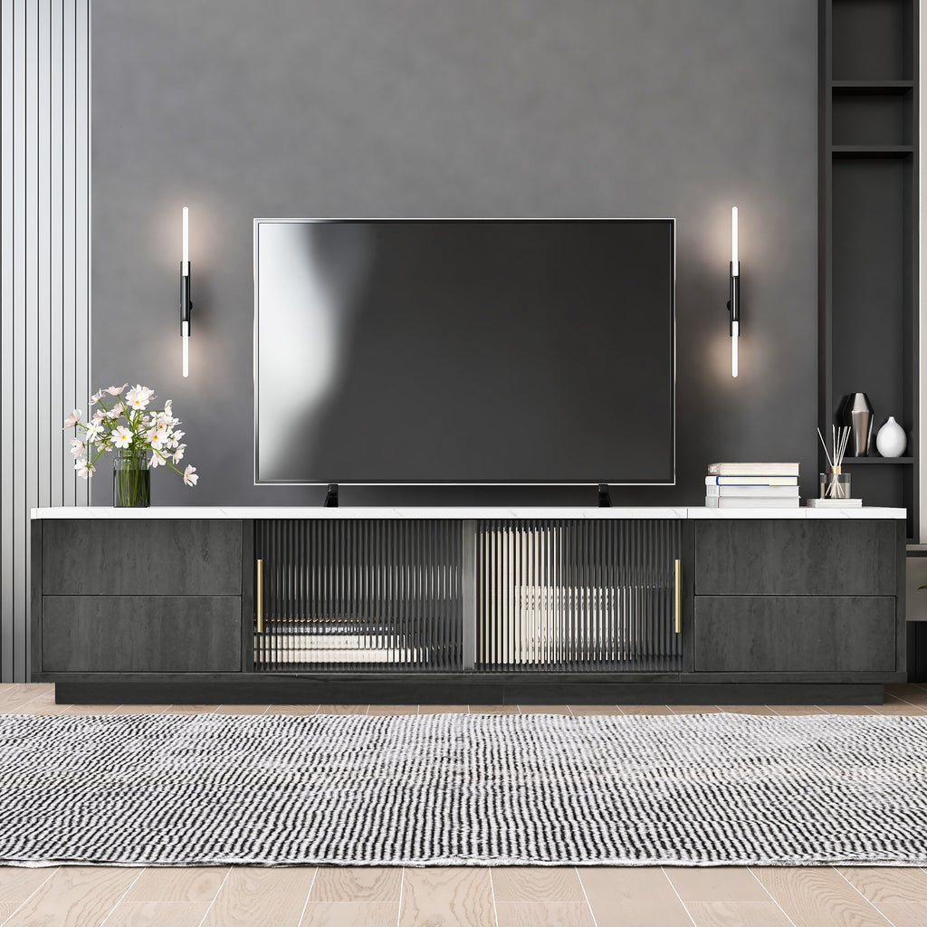 60cm Deluxe TV Stand For 70 TV - Stylish Grey, Marbled Table Top, Cable Management, Drawers With Push-to-Open Funold