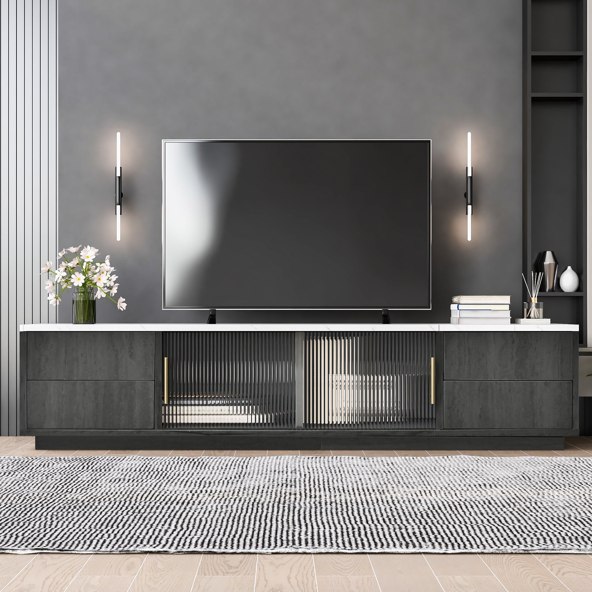 60cm Deluxe TV Stand For 70 TV - Stylish Grey, Marbled Table Top, Cable Management, Drawers With Push-to-Open Funold