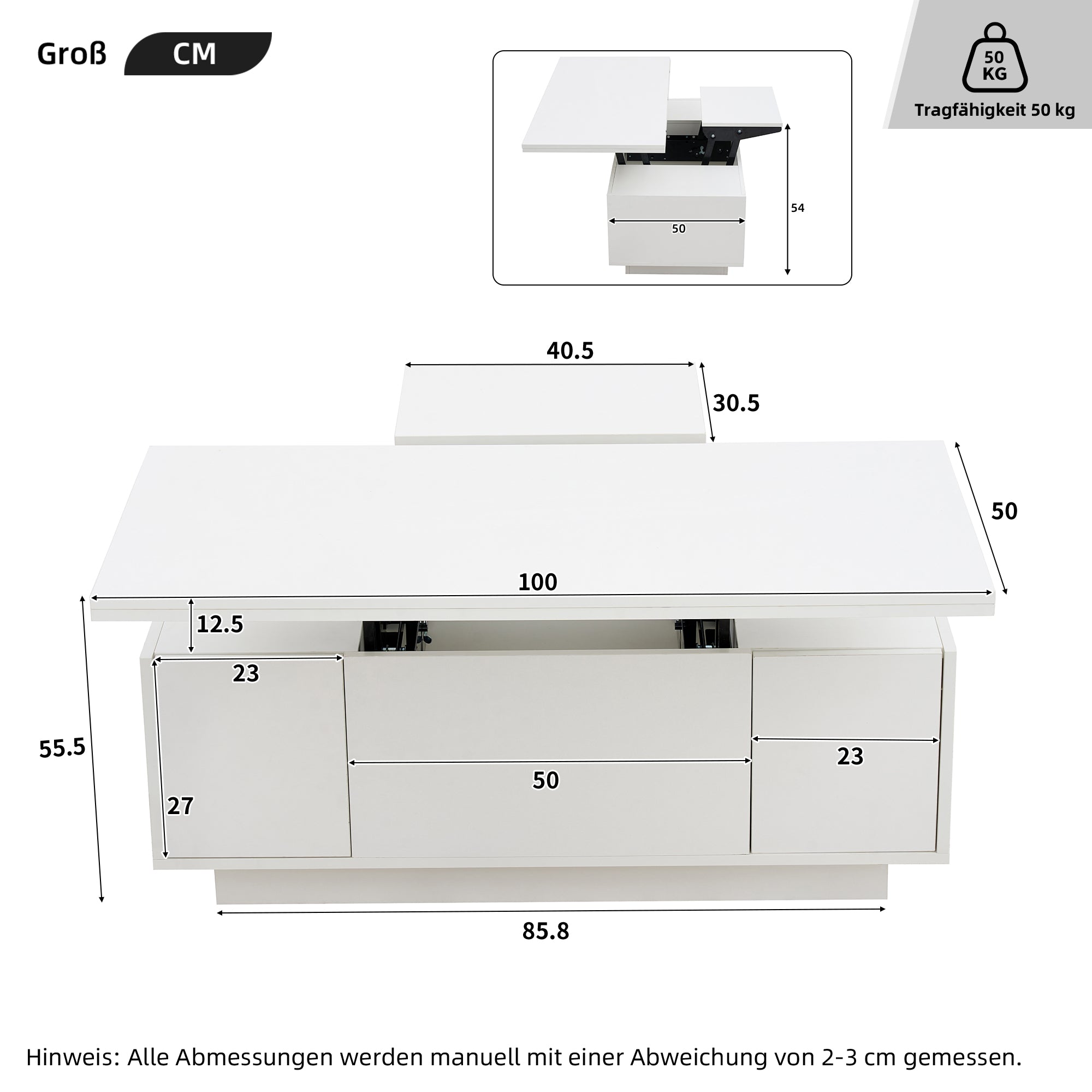 Modern Coffee Table With Double Lifting Mechanism, Hidden Storage Space - Loadable Up To 50 Kg