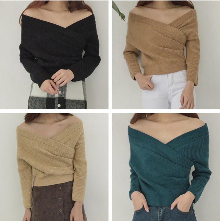 Womens Slim-Fit Knitted Sweater With A Cross V-Neck