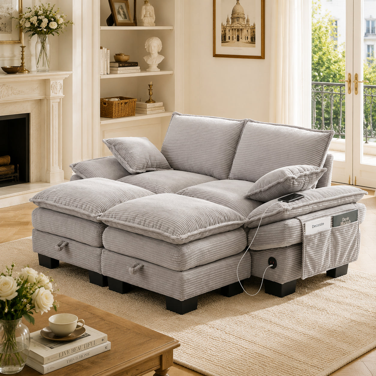 Modular 2-seater Corduroy Sofa  With 2 Stools Wide Seat, Ergonomic Design, High-density Foam Padding, USB-C Port And Side Pockets.Ideal For Living Room, Office Or Lounge.Light Grey