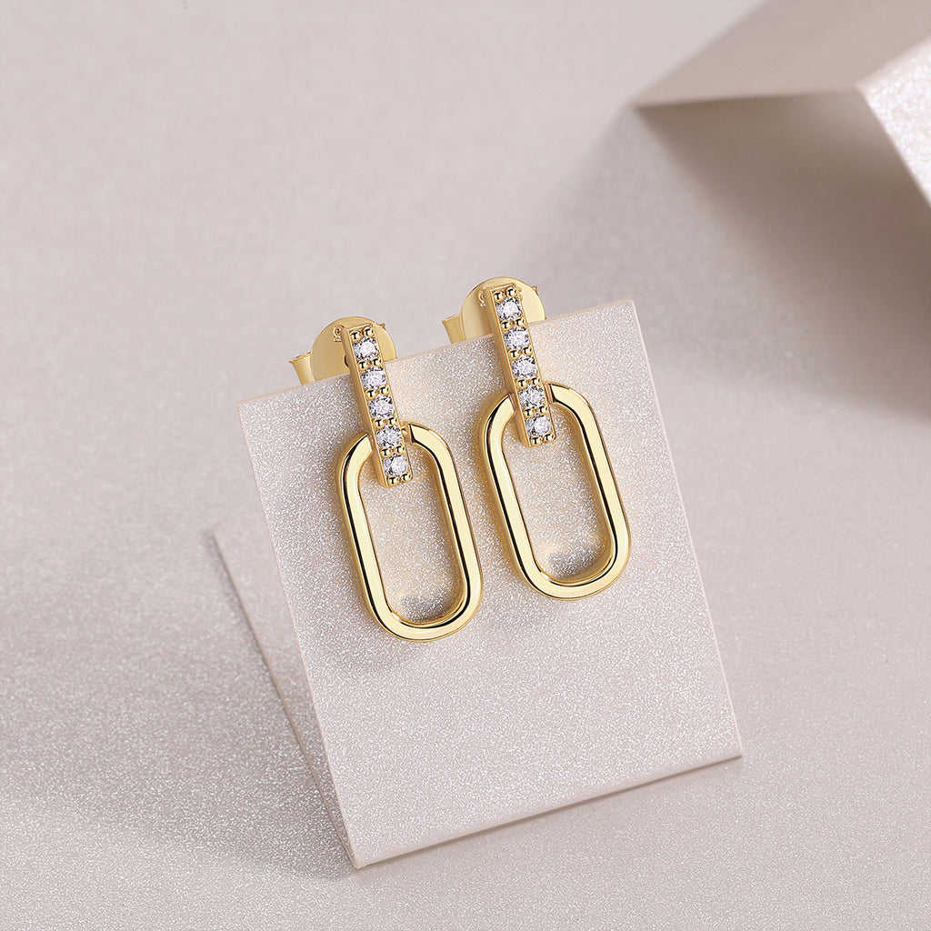 S925 Sterling Silver Gold Plated Geometric Link Earrings, D-VVS1 Moissanite Pave Bar, 2.1g Women's Jewelry Gift Box