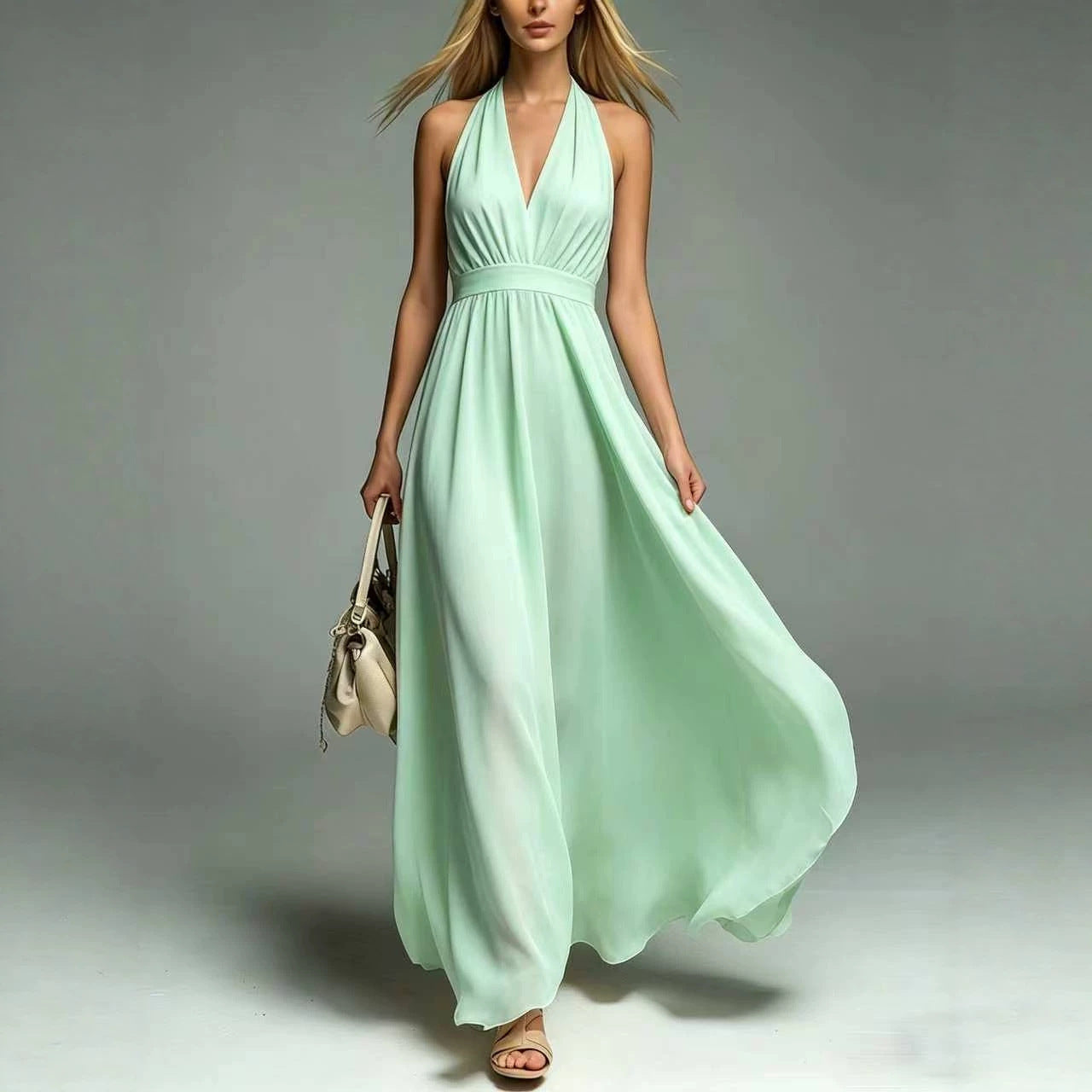 Womens New Solid-color V-neck Sleeveless Waist-cinching Dress