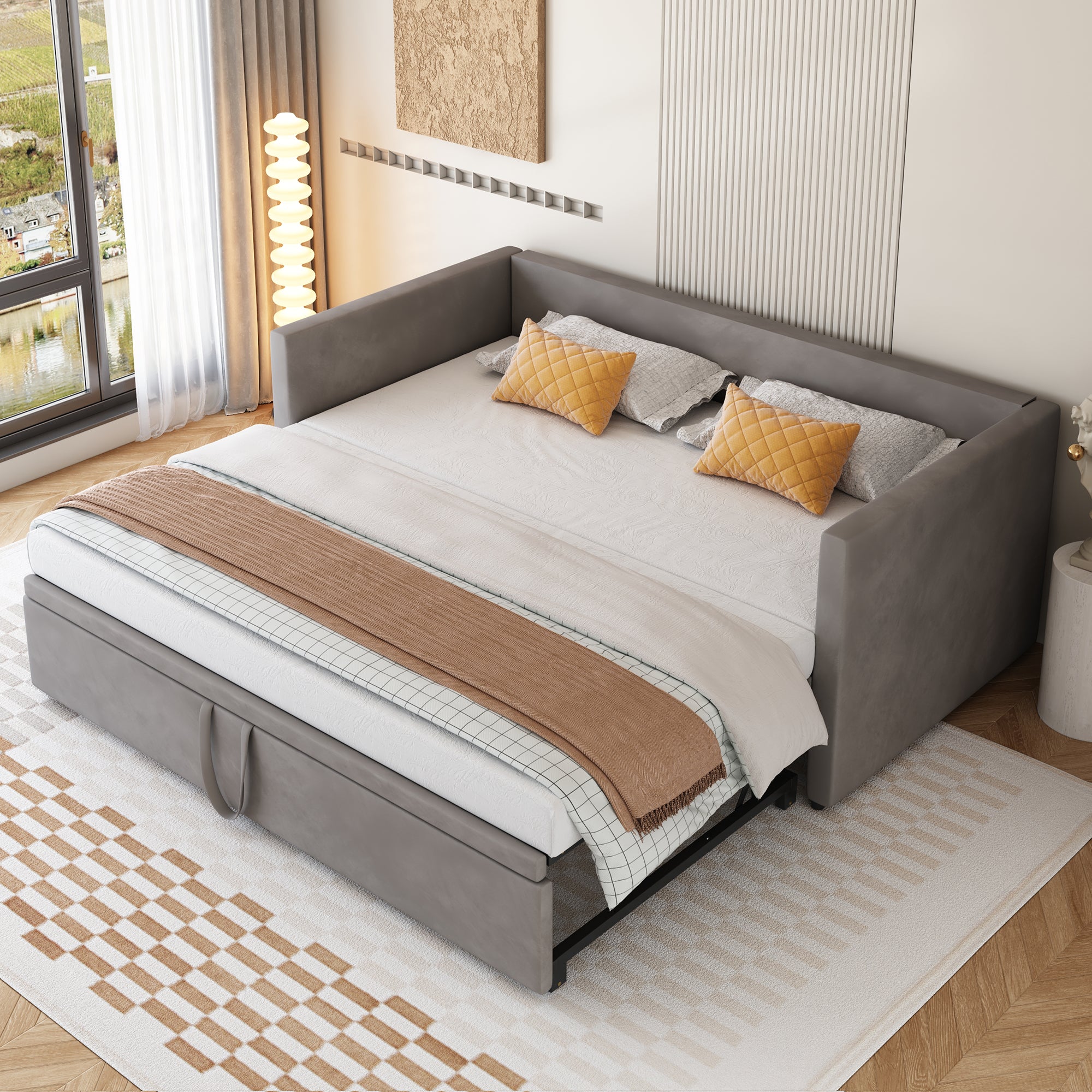 Upholstered Bed Pull-Out Sofa Bed 90 180x200 Cm With Slatted Frames, Multifunction Bed Made Of Skin-Friendly Velvet Fabric Gray