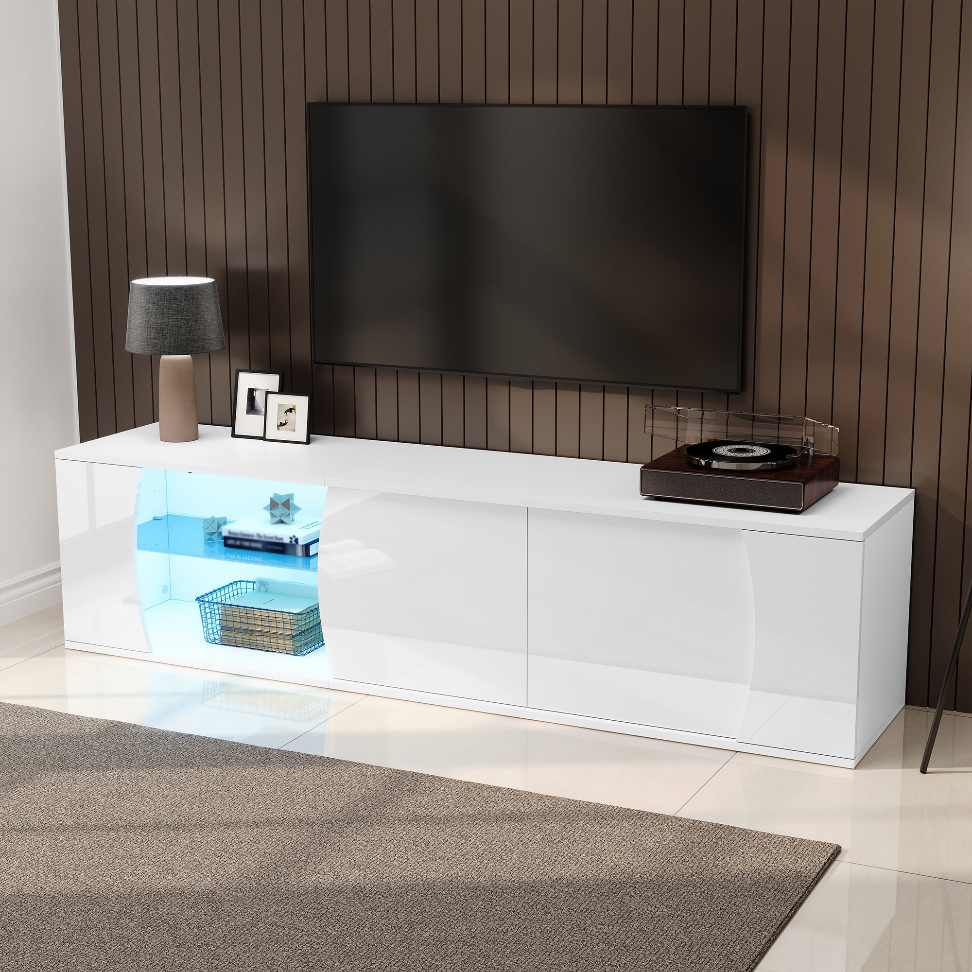 TV Cabinet, Lowboard With 3 Cabinet Doors, Tempered Glass Cabinet, High-quality Entertainment TV Cabinet With LEDs, Freestanding TV Stand, Suitable For 80-inch TVs