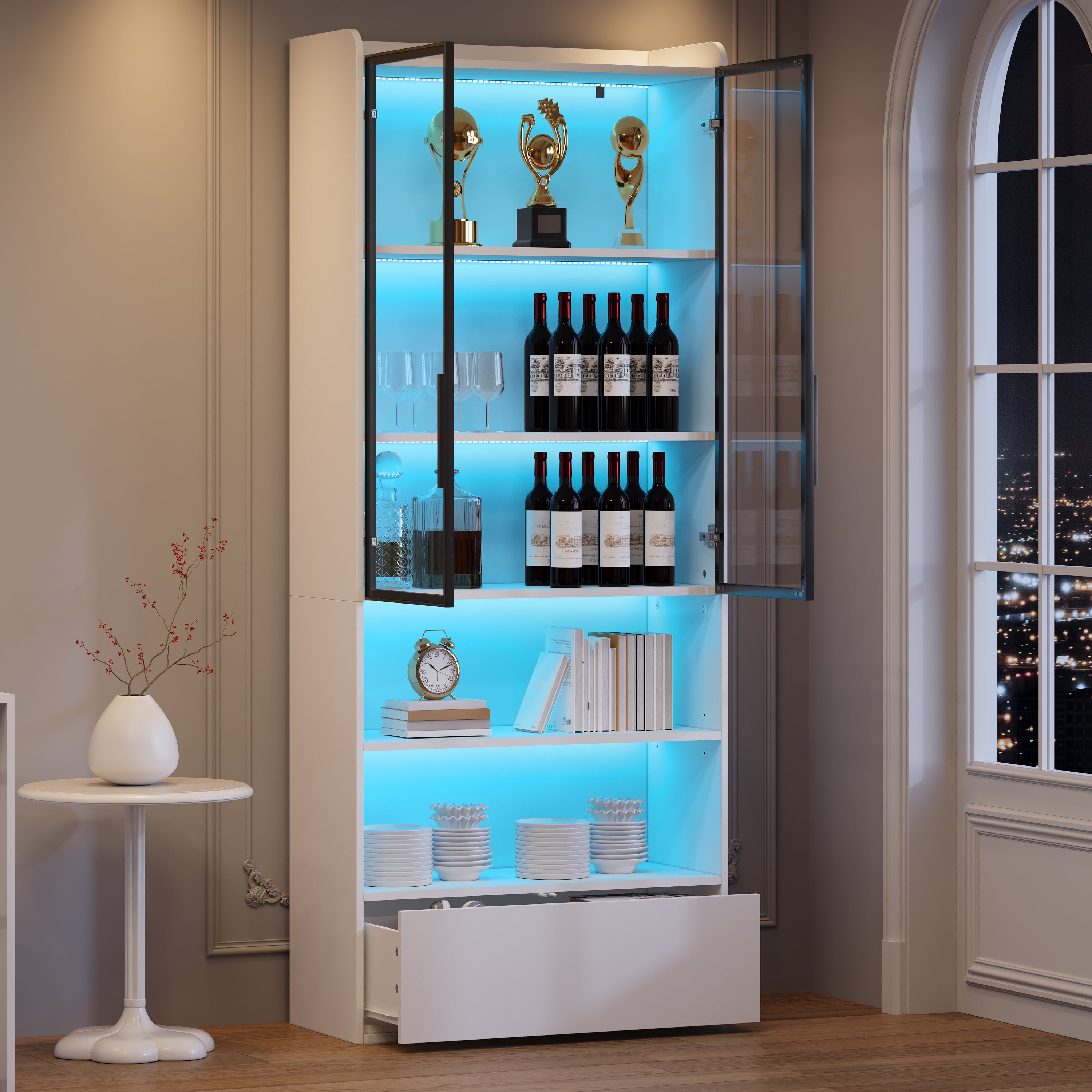 80x34x180cm Display Cabinet, Tall Cabinet With 1 Drawer And Glass Cabinet Doors, Tall Cabinet Glass Display Case With LED And Open Partition, Stand Shelf Cabinet Display Cabinet,Living Room Cabinet Wi