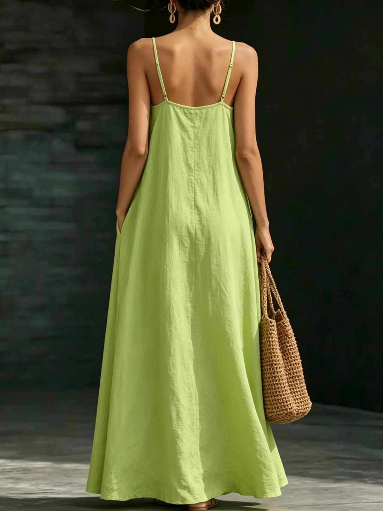 Solid Color V Neck Spaghetti Strap Maxi Dress Women Casual Flared Hem Long Dress
