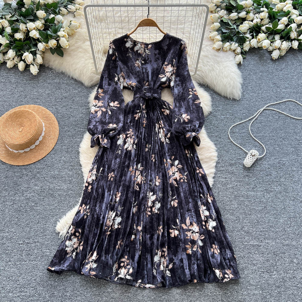 Womens French-style Vintage Chic Printed Dress