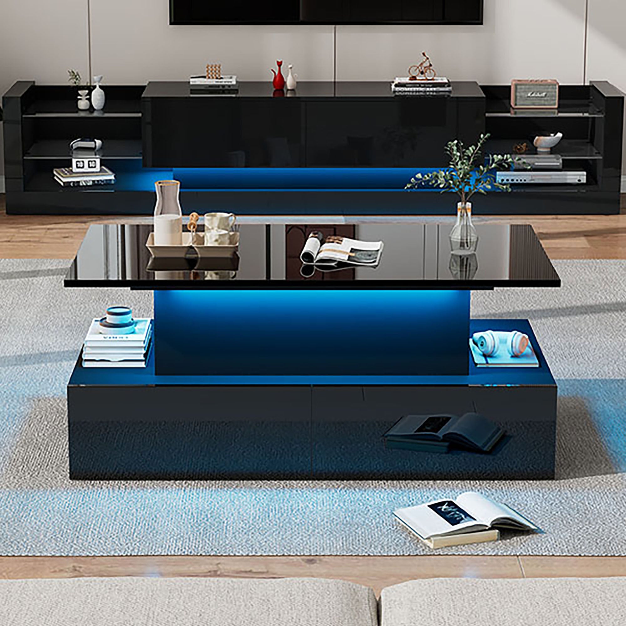 Modern Black High Gloss Coffee Table With LED Lighting And 4 Drawers - Stylish Side Table 90x55x41 Cm With Storage For Up To 30 Kg