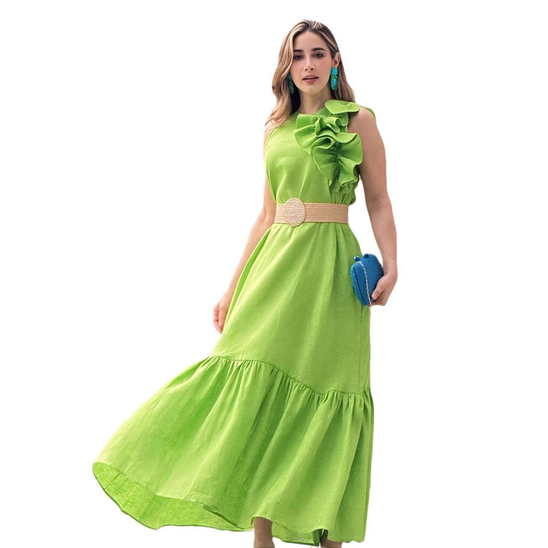 Ruffled-Trim Round-Neck Sleeveless Fashionable Casual Dress