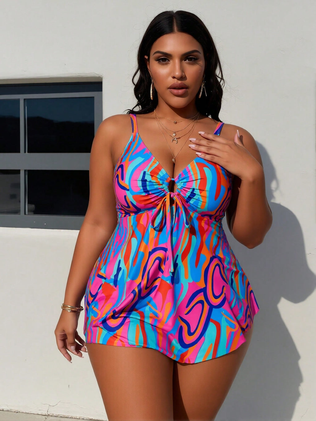 2026 New Plus Size Colorful Abstract Print Swimdress, Deep V Tie & Skirt Hem, Tummy Control Modest Swimwear