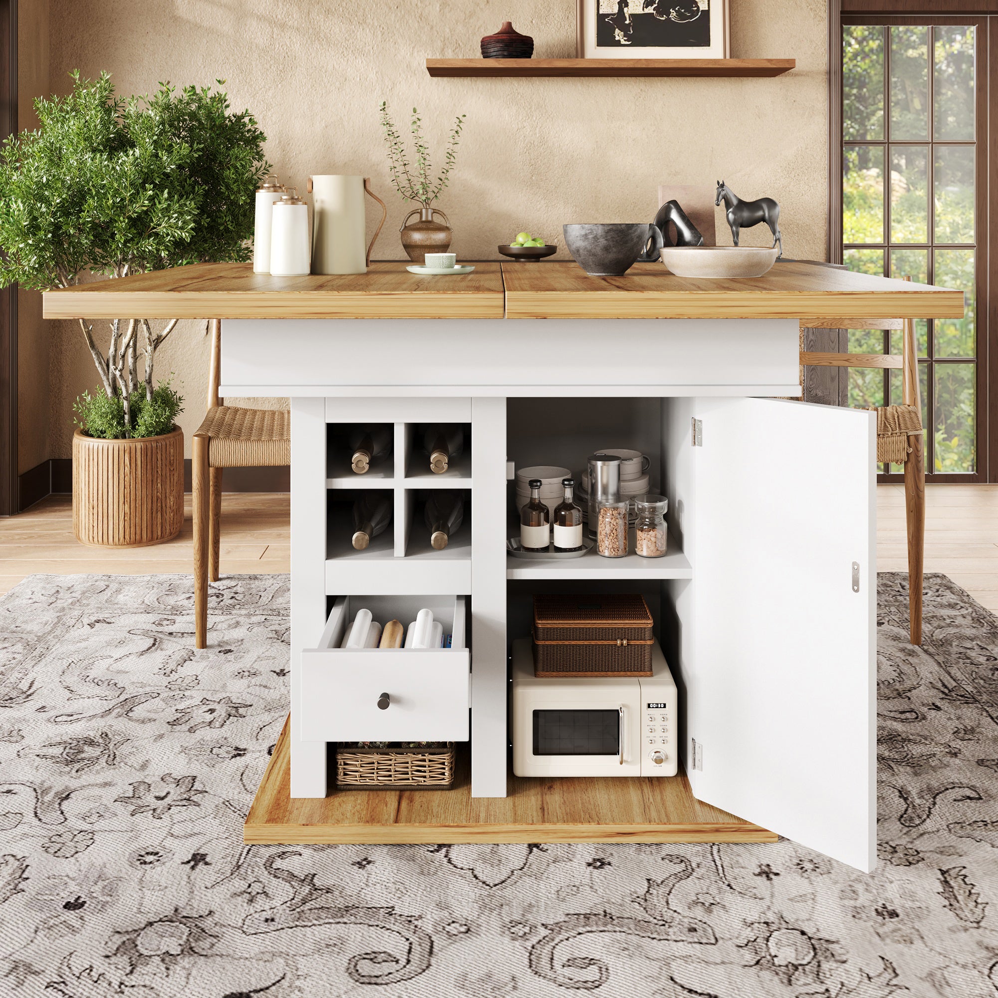 Telescopic Dining Table  110-140x80cm , Foldable Kitchen Table For 4-6 People, Extendable Dining Table, Space-saving Kitchen Table, For Kitchen And Living Room, Dining Table With Wine Rack And Drawers