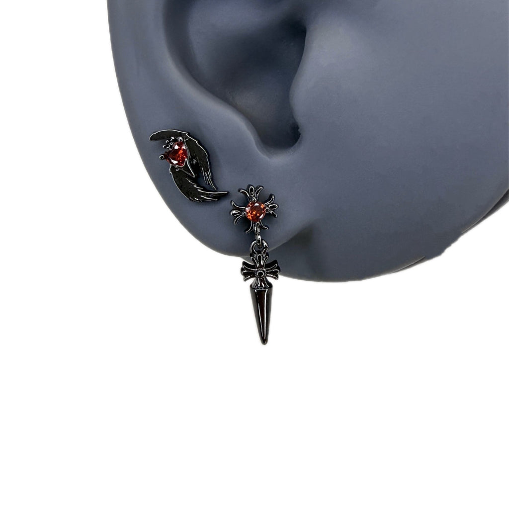 Dark Sweet Cool Cross Spike Cartilage Studs, Titanium Steel Unique Black & Red Earrings For Hot Girls Punk Ear Jewelry