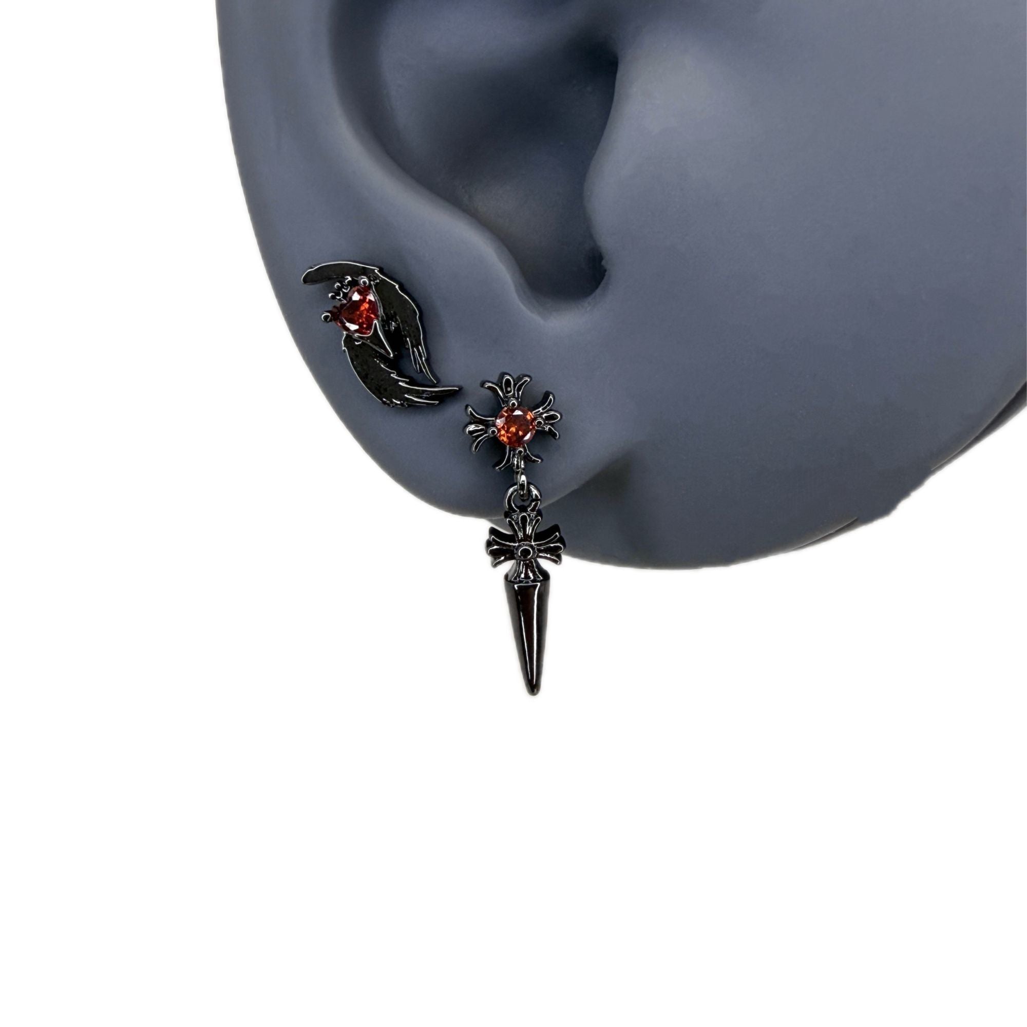 Dark Sweet Cool Cross Spike Cartilage Studs, Titanium Steel Unique Black & Red Earrings For Hot Girls Punk Ear Jewelry
