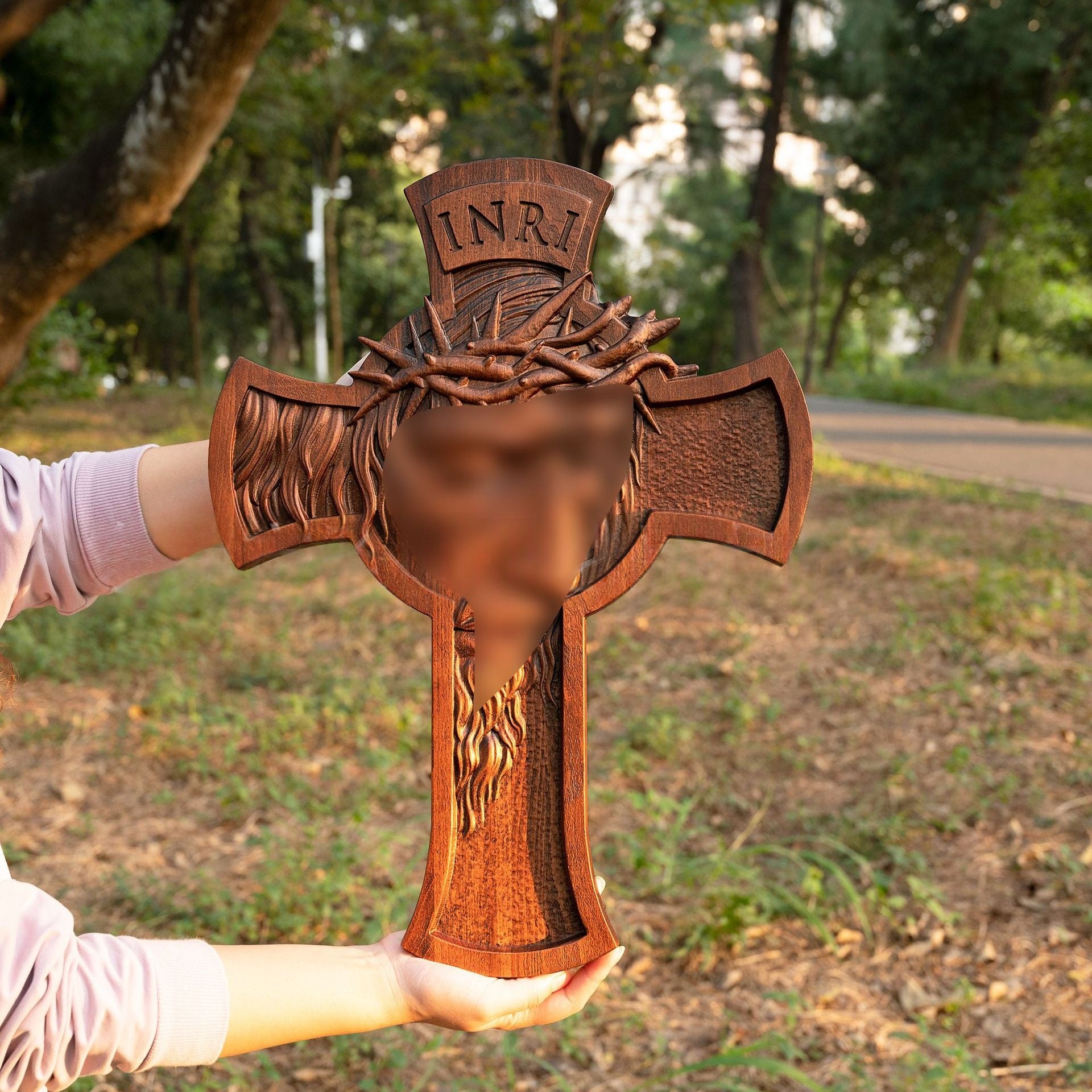 Thorned Crown Cross Wood Carving Wall Hanging Craft Decoration Ornament