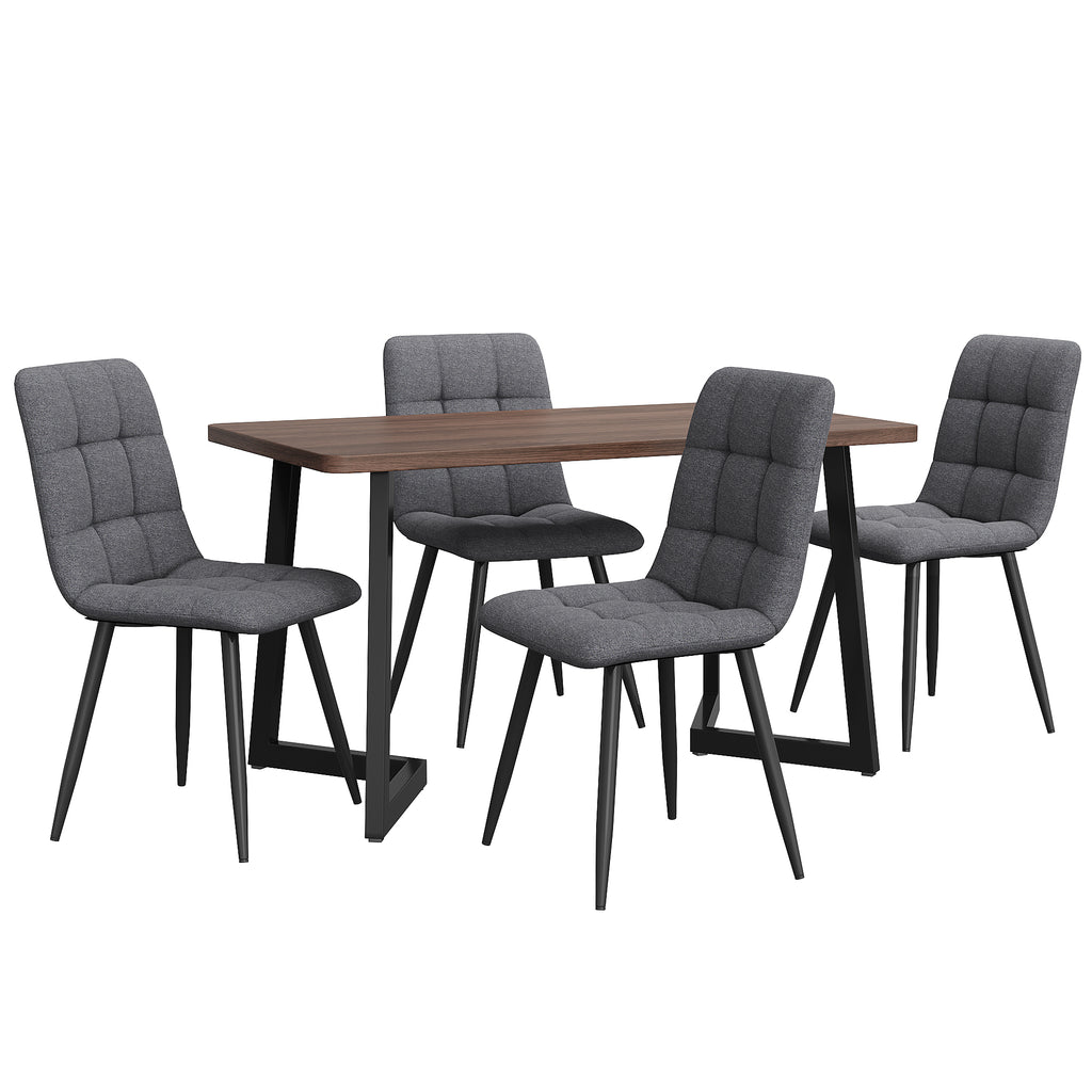 Dining Set 5-piece  Dining Table With 4 Chairs Set, Modern Kitchen Table Set, Wood-grain Kitchen Table With Black Metal Legs, MDF Tabletop In Walnut Color, Dark Gray Linen Dining Chairs