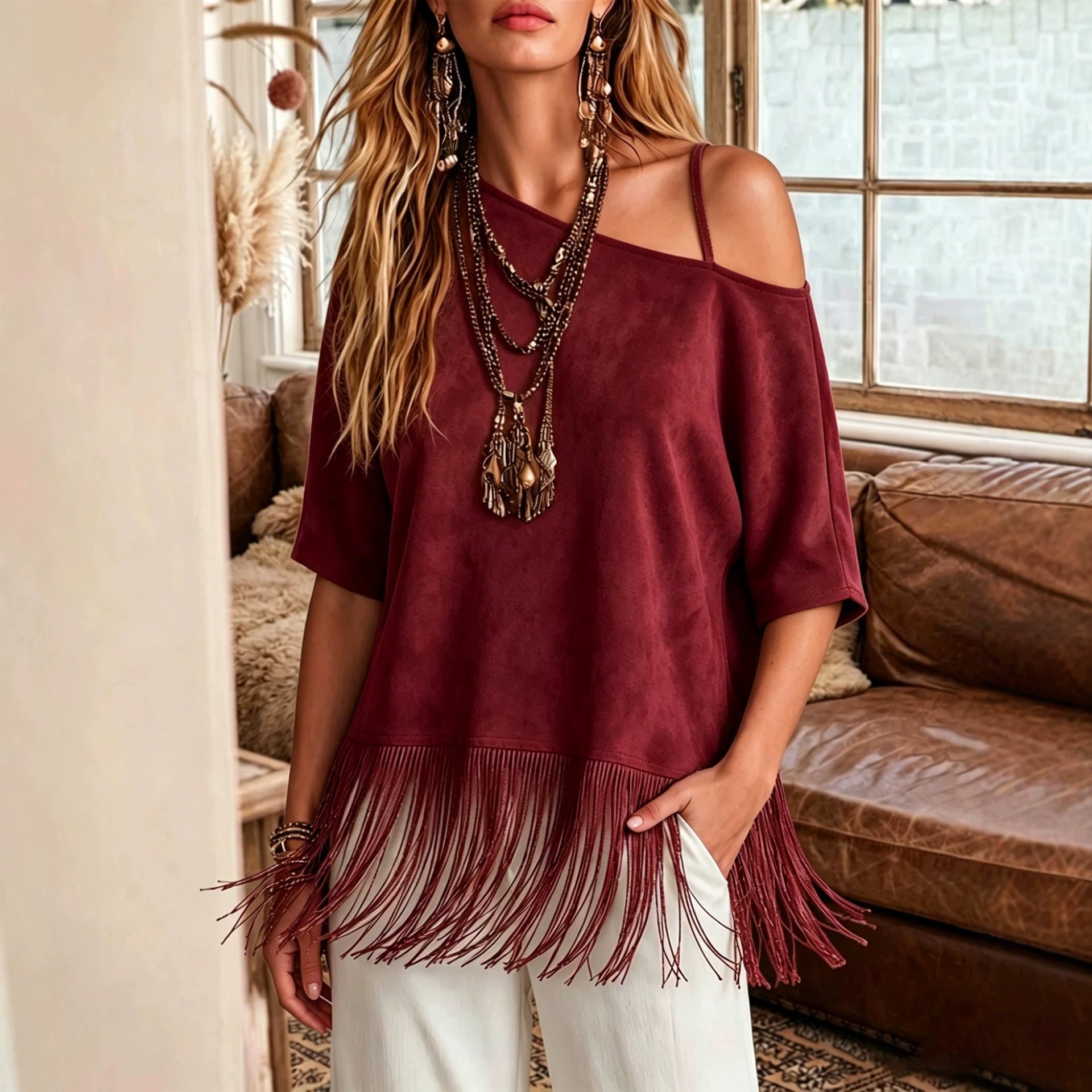 Loose-fit Western-style T-shirt With A Fringed Hem