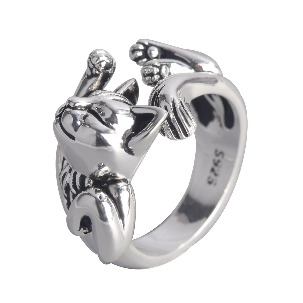 Zhenrong New Cute Cat Adjustable Open Ring, European 925 Plated Vintage Thai Silver Black Cat Totem Finger Ring For Women