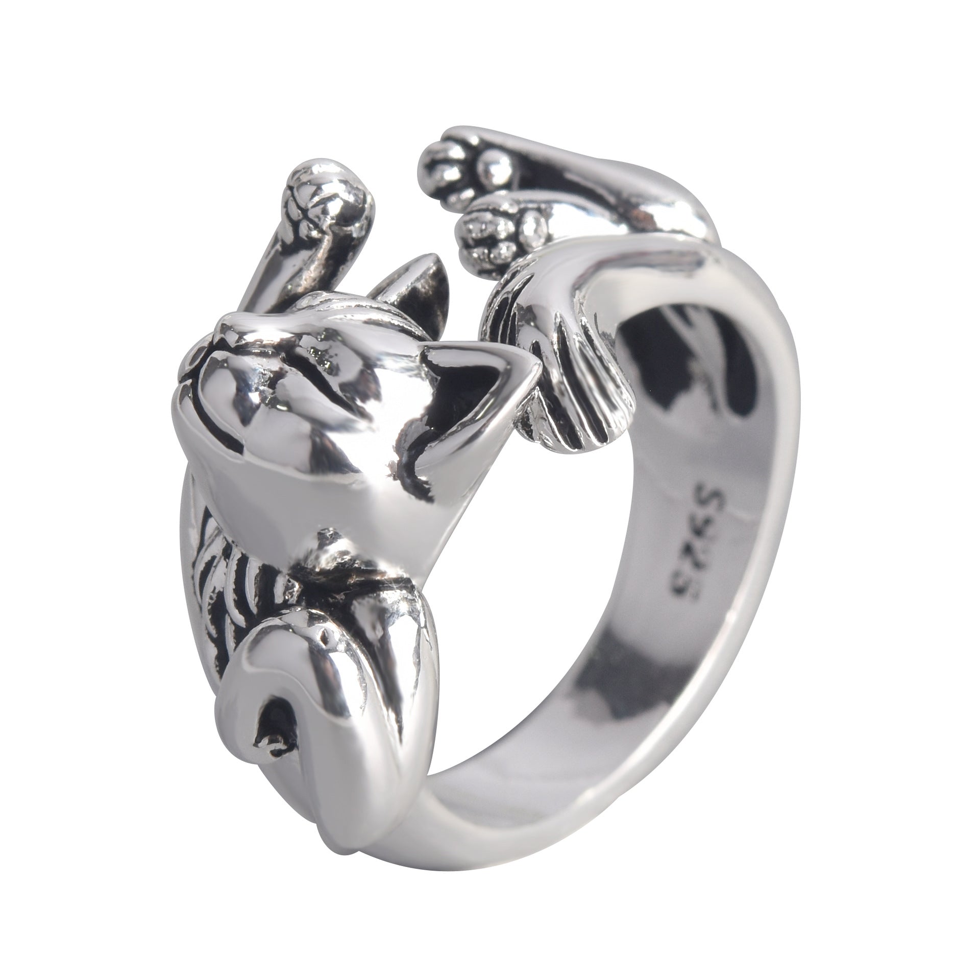 Zhenrong New Cute Cat Adjustable Open Ring, European 925 Plated Vintage Thai Silver Black Cat Totem Finger Ring For Women