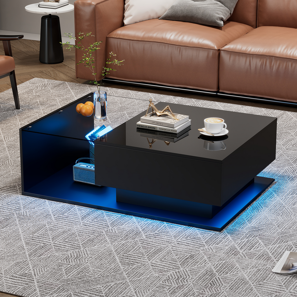 High-gloss Black Coffee Table 100x50x32 Cm - With Glass Top And Drawers, Scratch-resistant, With 1 Drawer, With LED Lighting, Modern Style