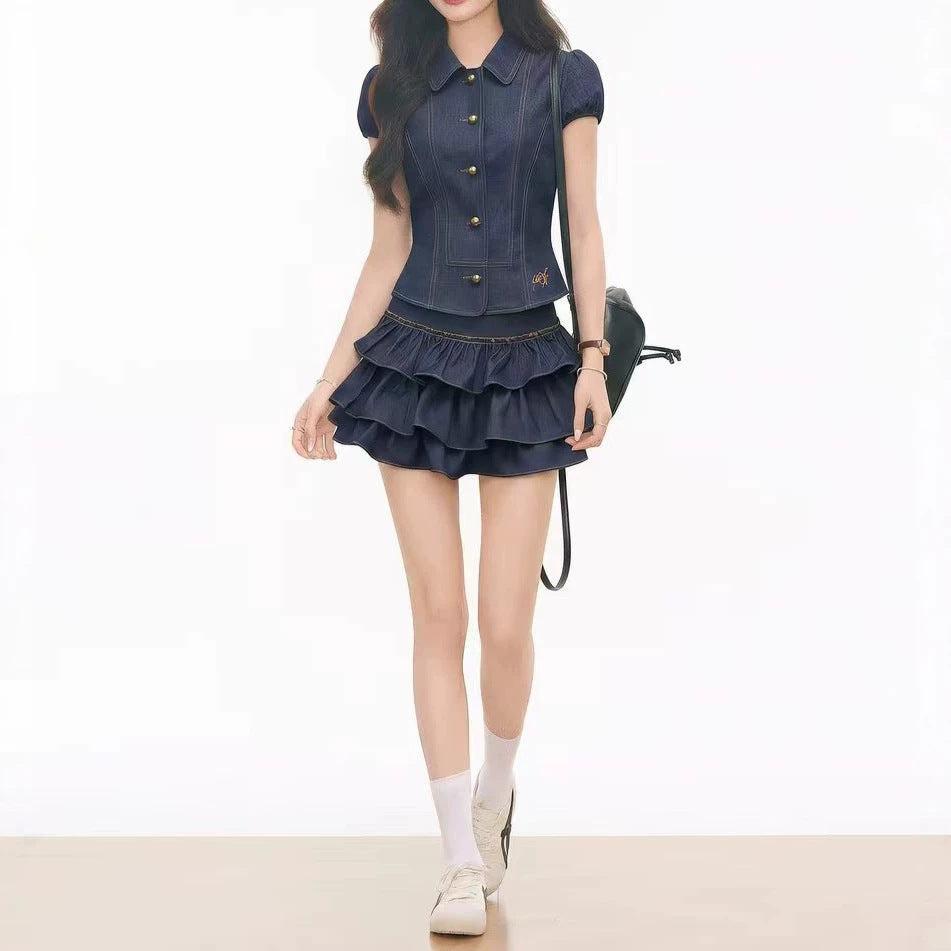 Womens Short-sleeve Shirt And Tiered Skirt Set