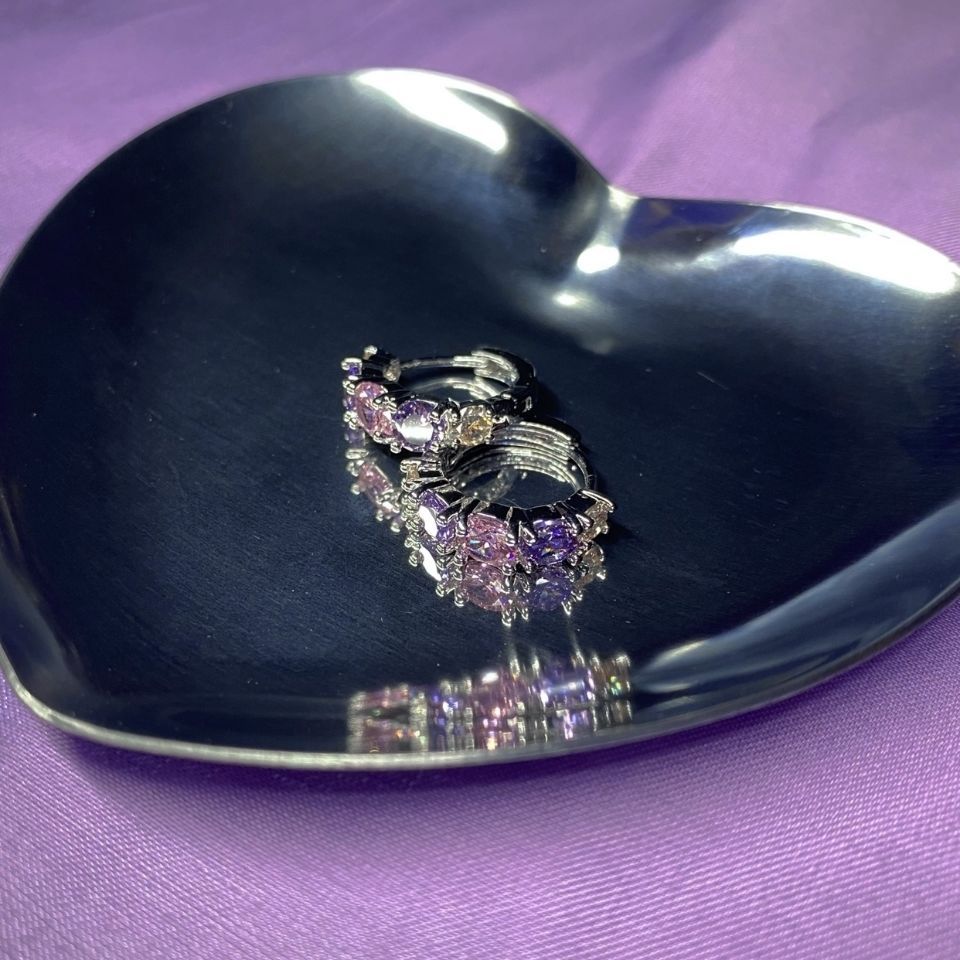 Heavy Craft Full Purple Rhinestone Angel Combo Stud & Huggie Earrings, Super Sparkly Edgy Hot Girl Style Ear Jewelry